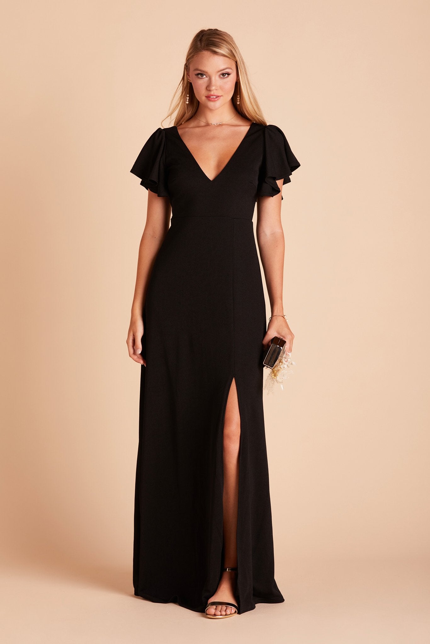 Hannah bridesmaid dress with slit in black crepe by Birdy Grey, front view