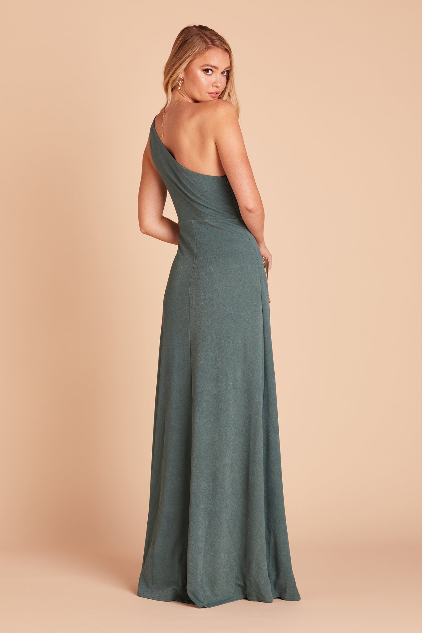 Kira bridesmaid dress with slit in sea glass green crepe by Birdy Grey, back view