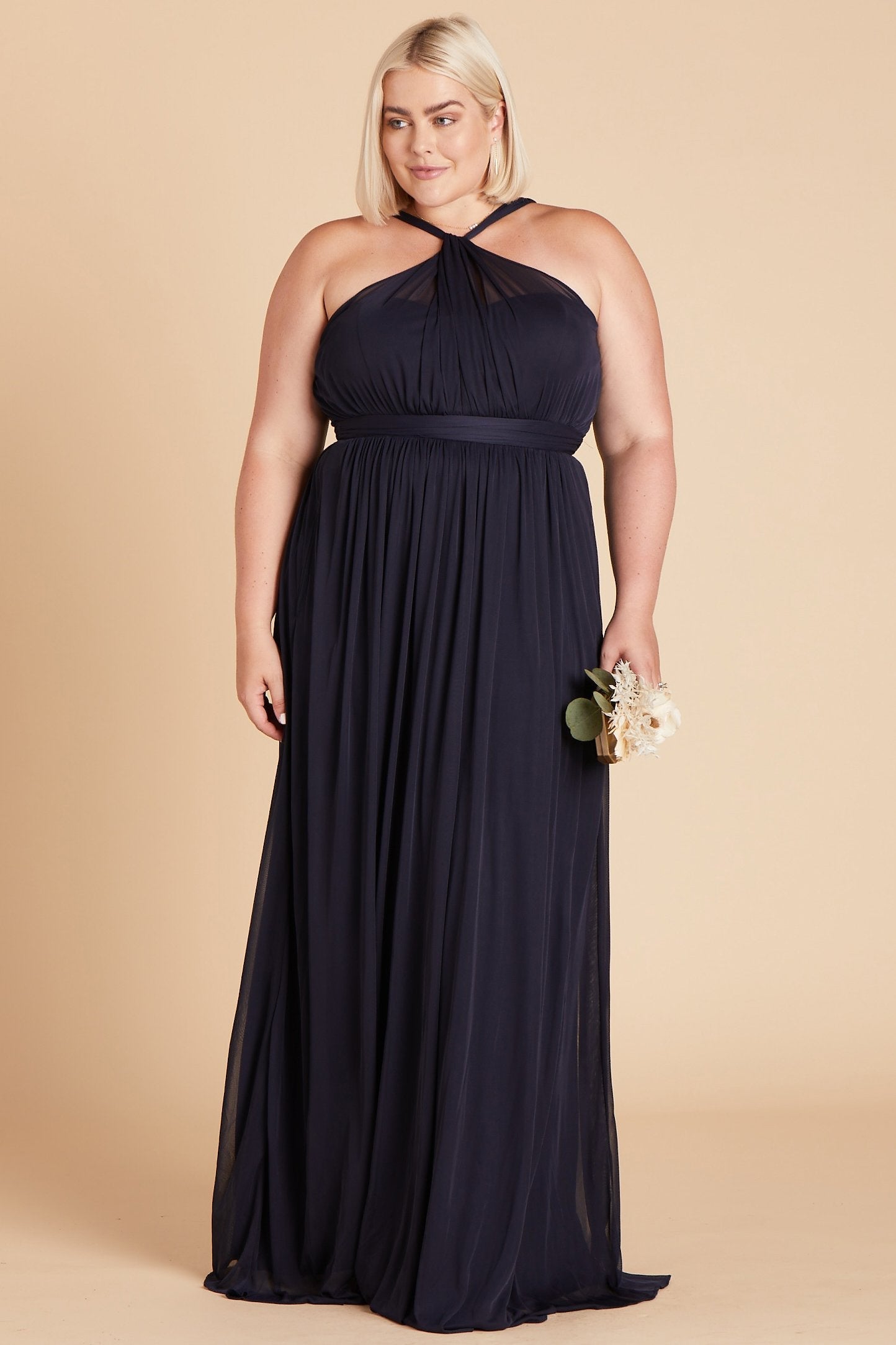 Kiko plus size bridesmaid dress in navy blue chiffon by Birdy Grey, front view