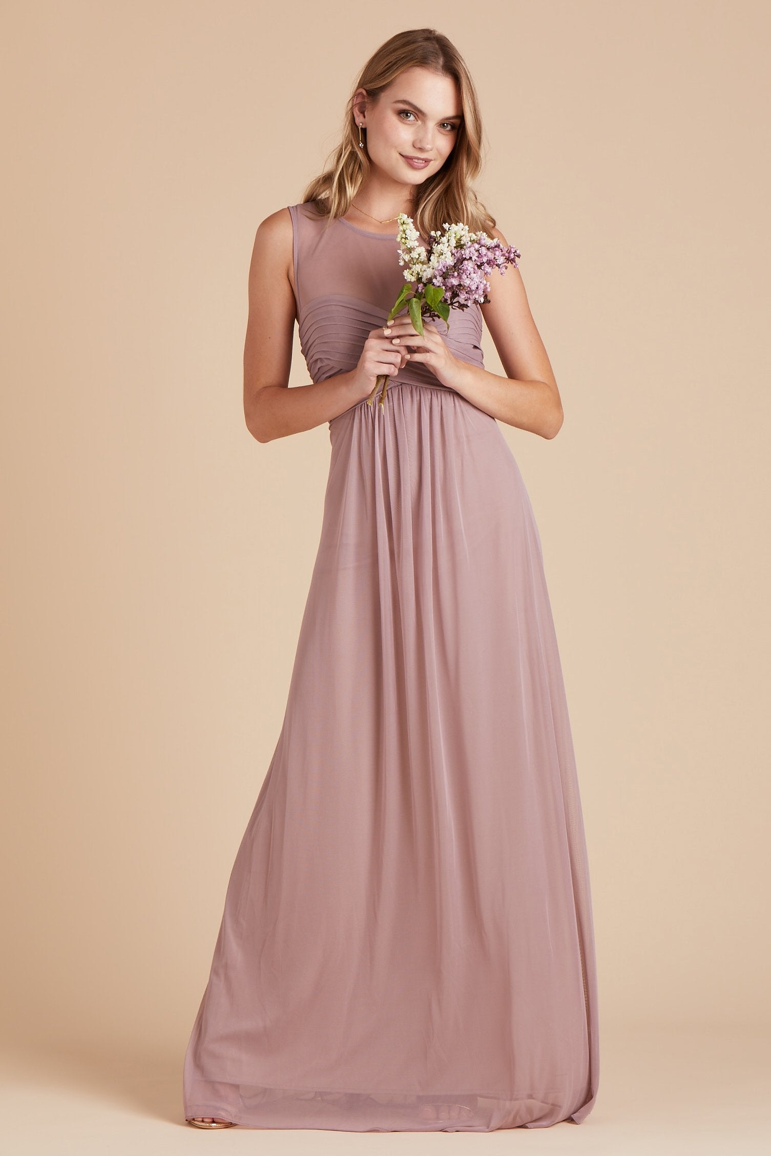 Ryan bridesmaid dress in mauve chiffon by Birdy Grey, front view