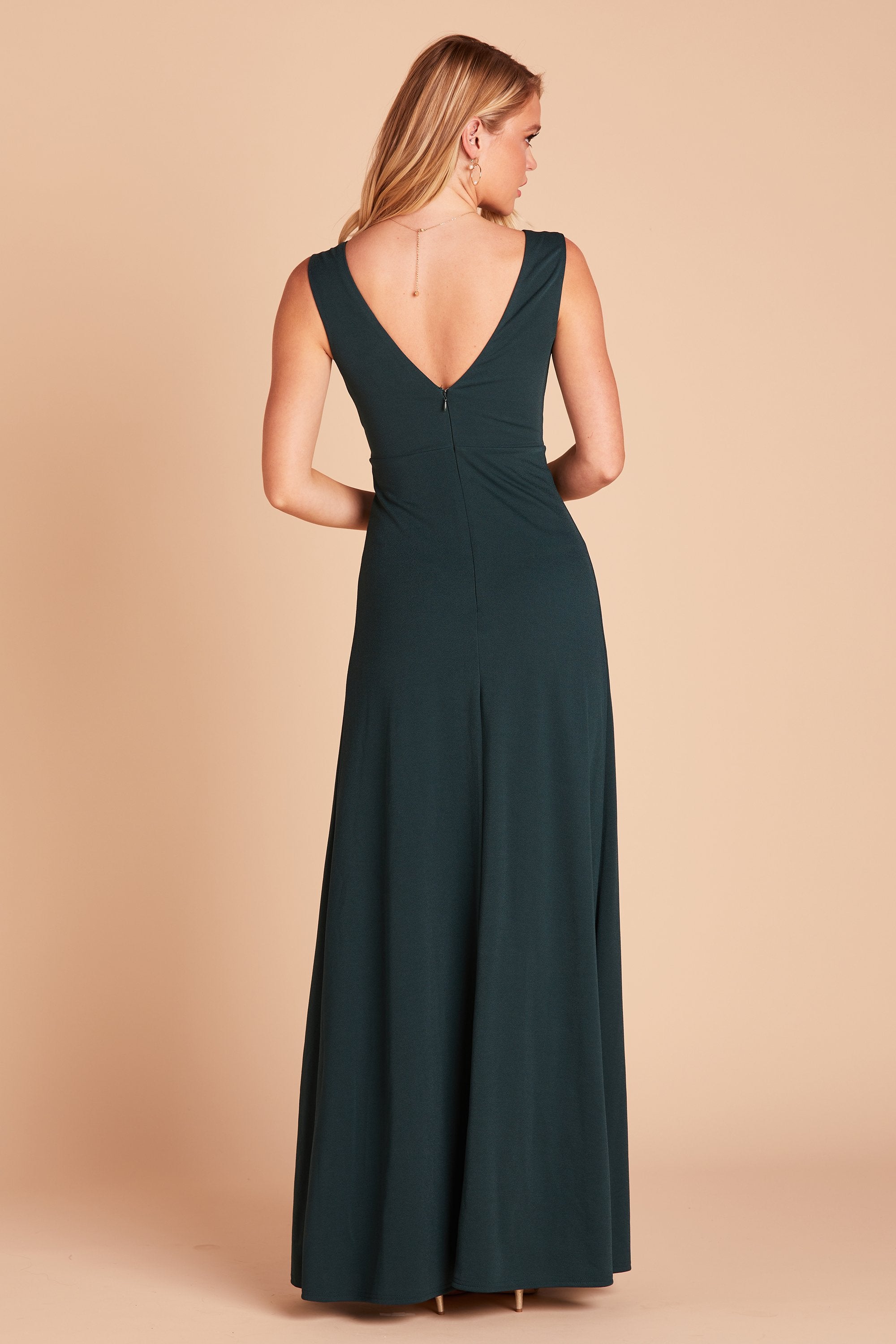 Shamin bridesmaid dress with slit in emerald green crepe by Birdy Grey, back view
