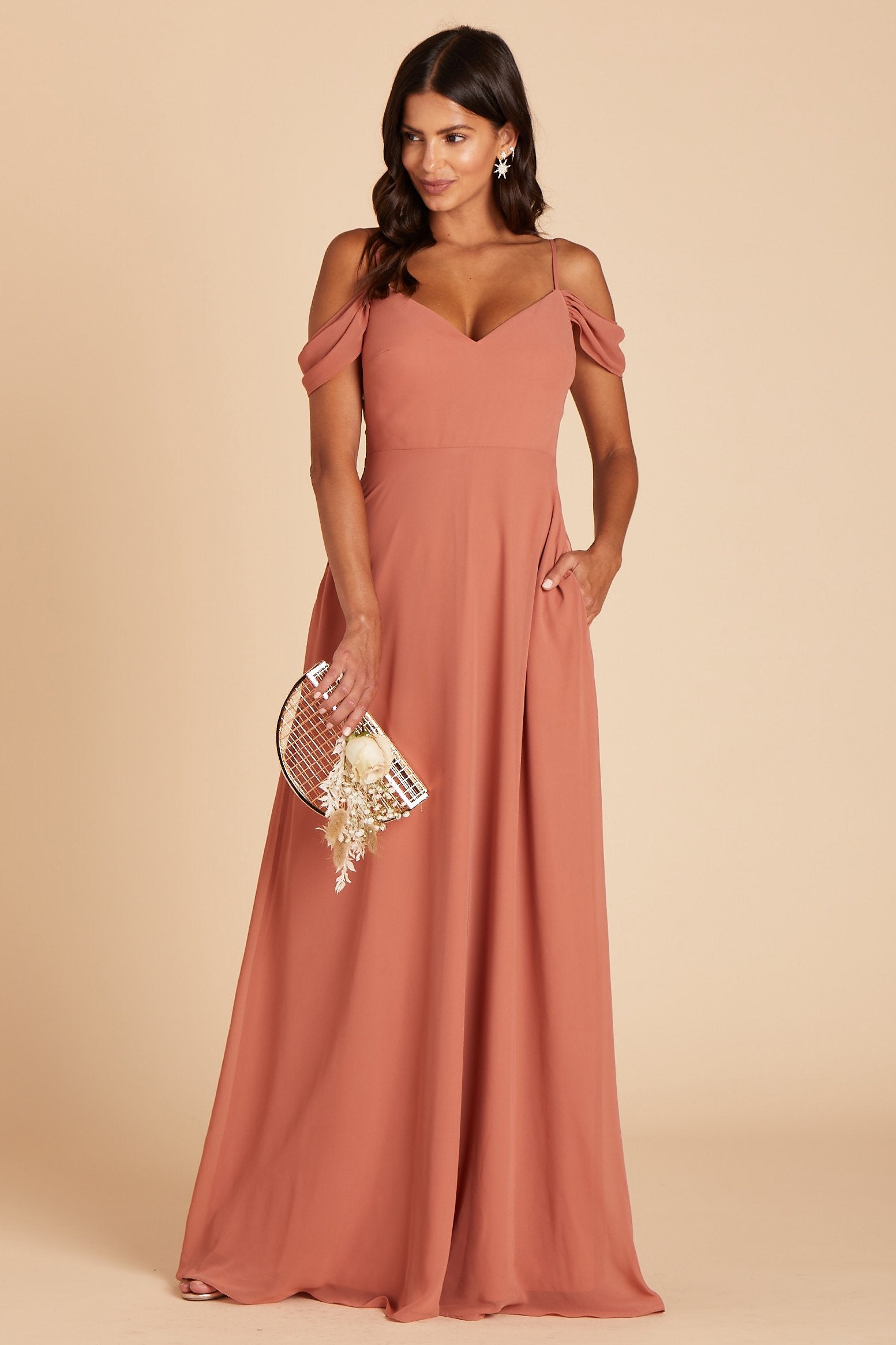 Front view of the floor-length Devin Convertible Bridesmaid Dress in terracotta chiffon paired with a Natalie Chunky Heel in nude latte.