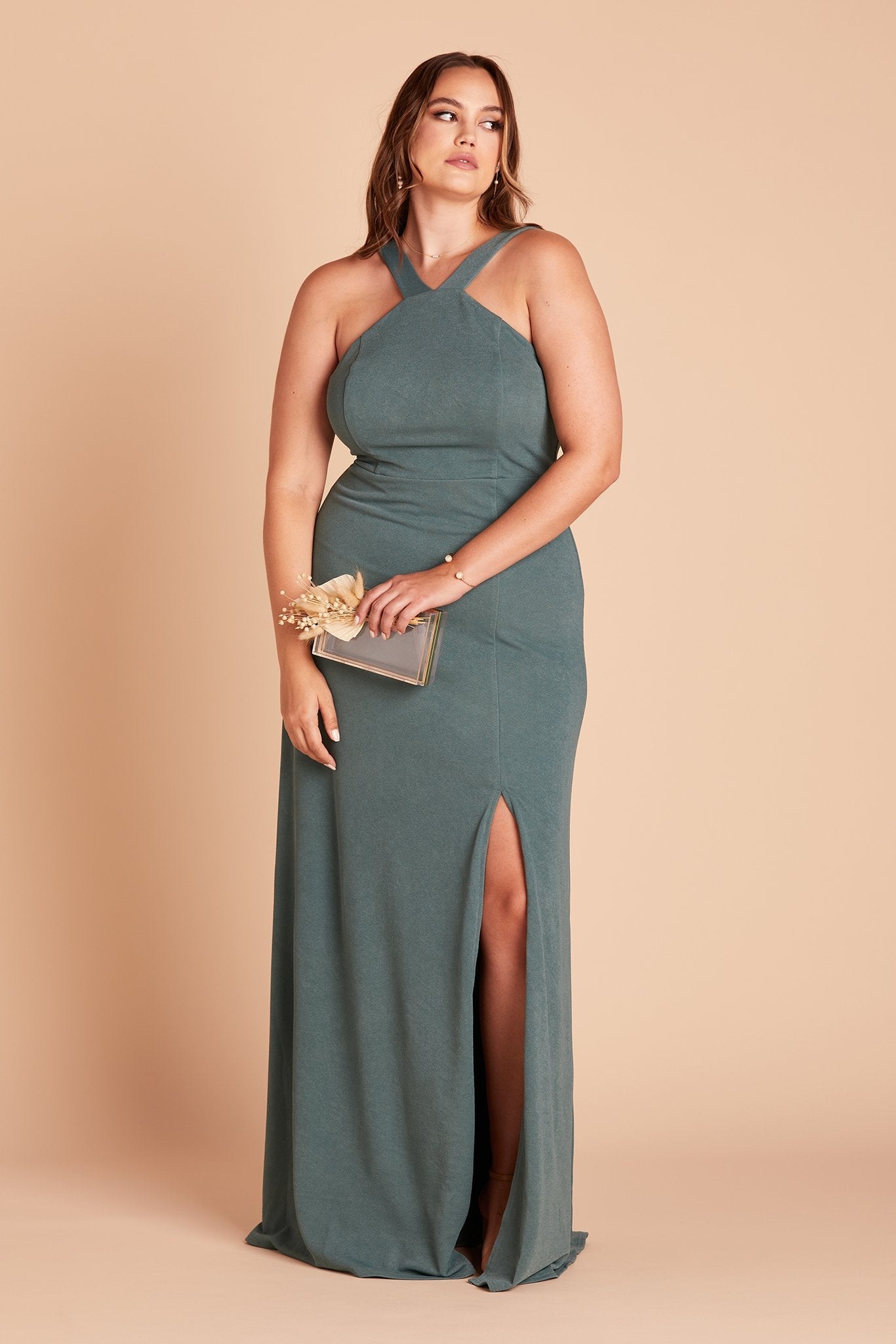 Gene plus size bridesmaid dress with slit in sea glass green crepe by Birdy Grey, front view
