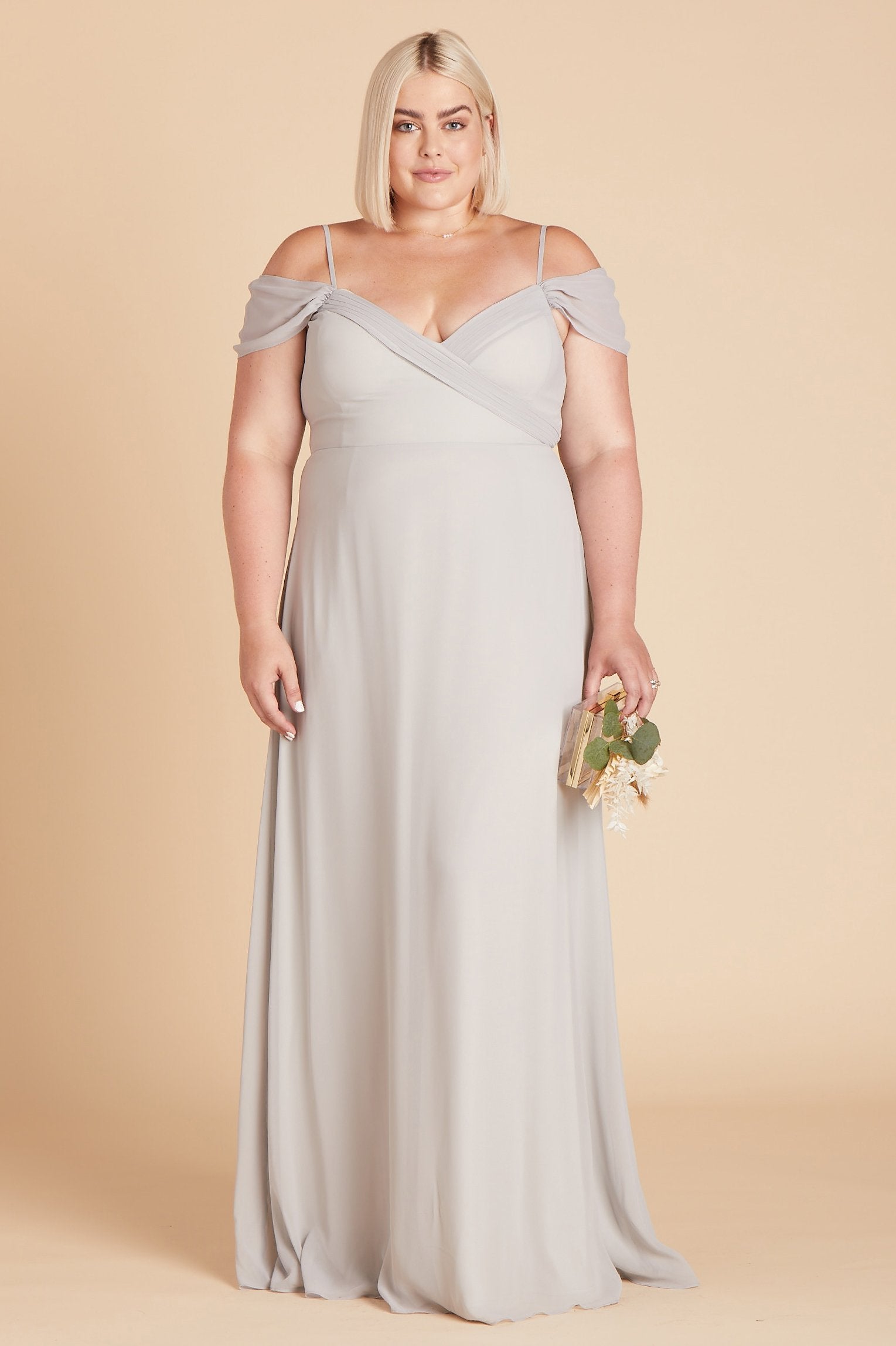 Spence convertible plus size bridesmaid dress in silver chiffon by Birdy Grey, front view