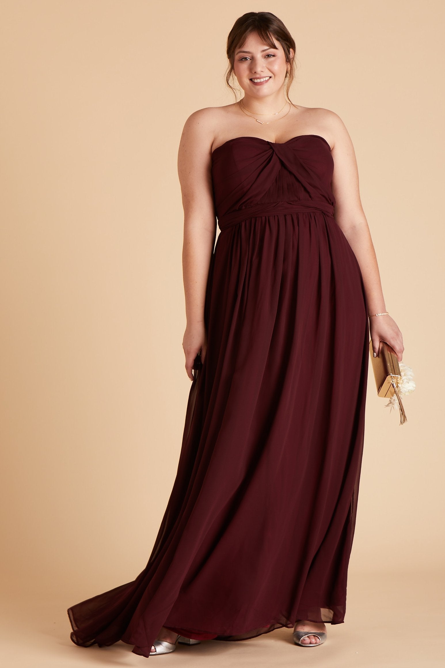 Grace convertible plus size bridesmaid dress in cabernet burgundy chiffon by Birdy Grey, front view