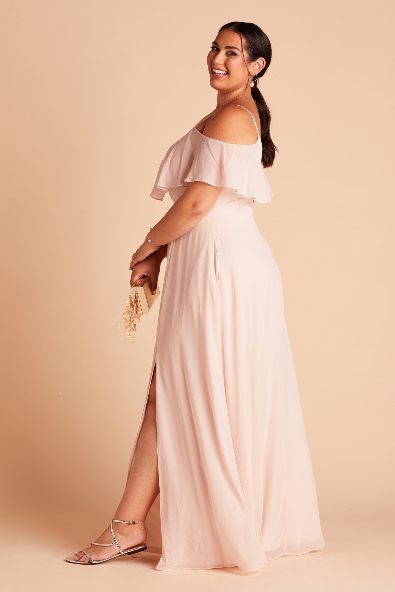Jane convertible plus size bridesmaid dress with slit in pale blush chiffon by Birdy Grey, side view