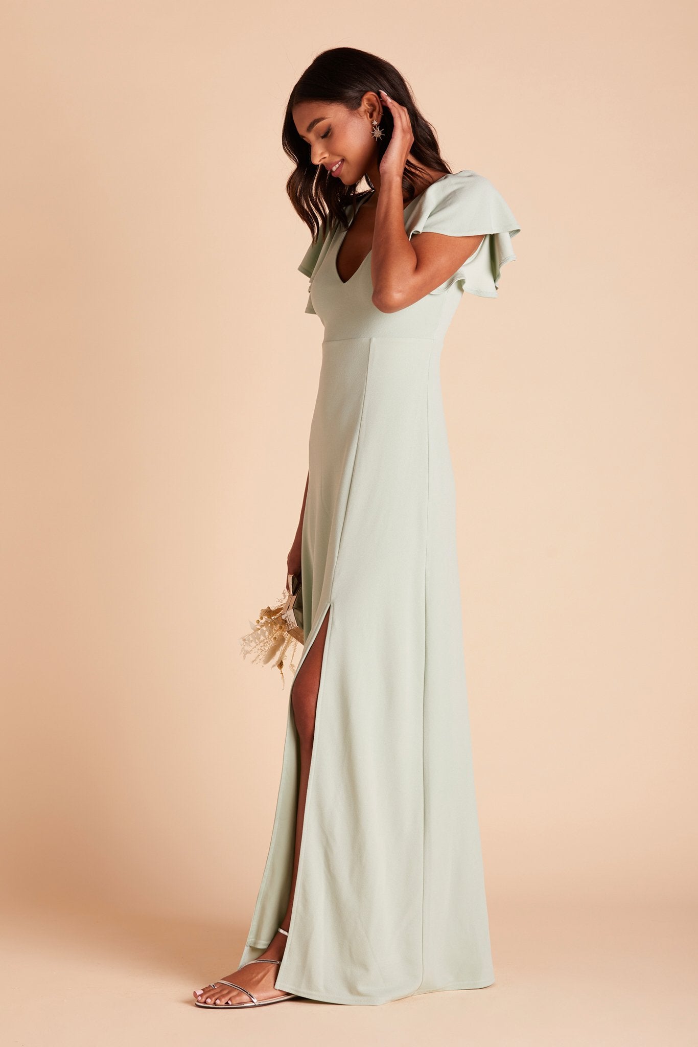 Hannah bridesmaid dress with slit in sage green crepe by Birdy Grey, side view
