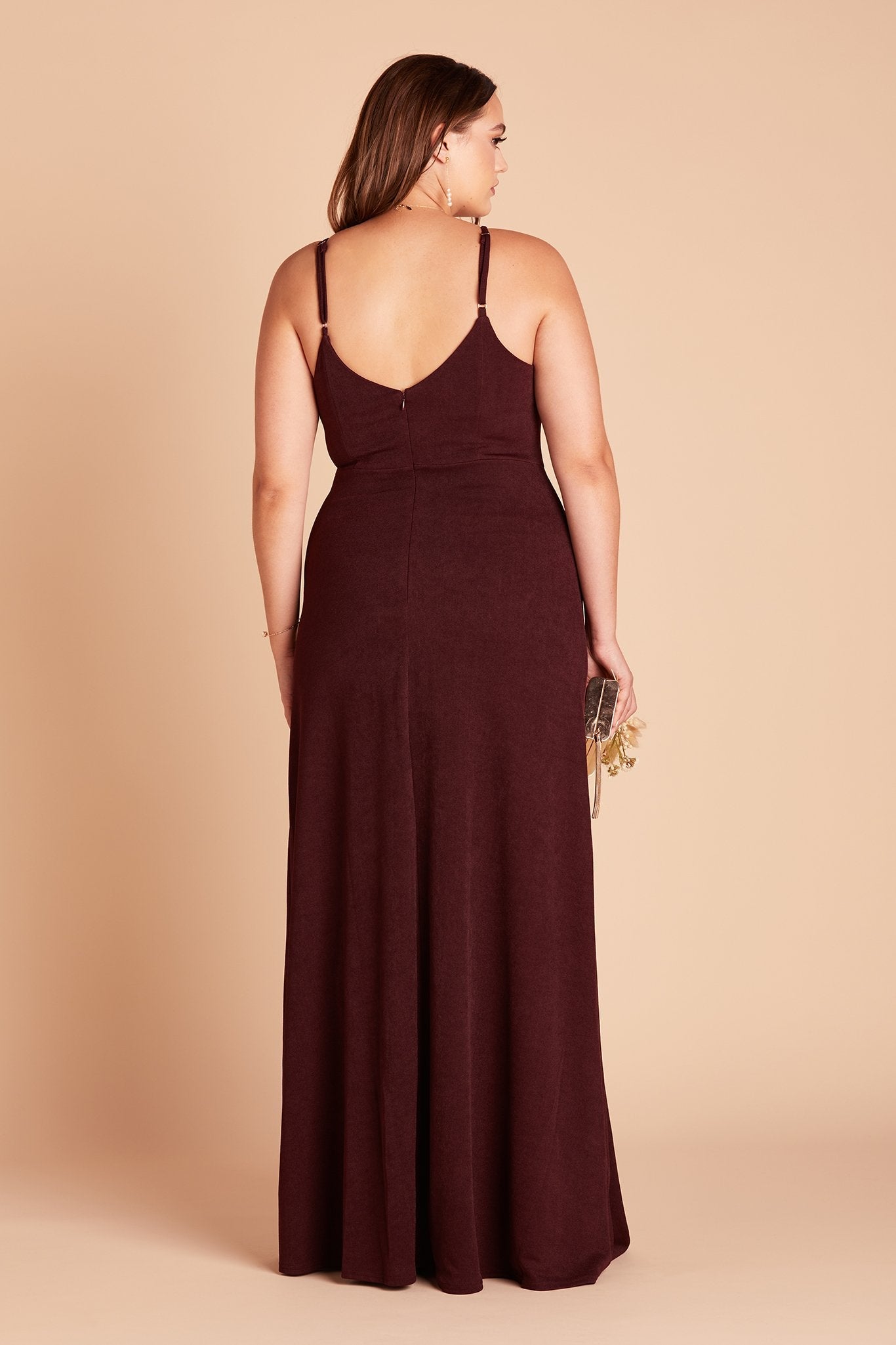 Jay plus size bridesmaid dress with slit in cabernet burgundy crepe by Birdy Grey, back view