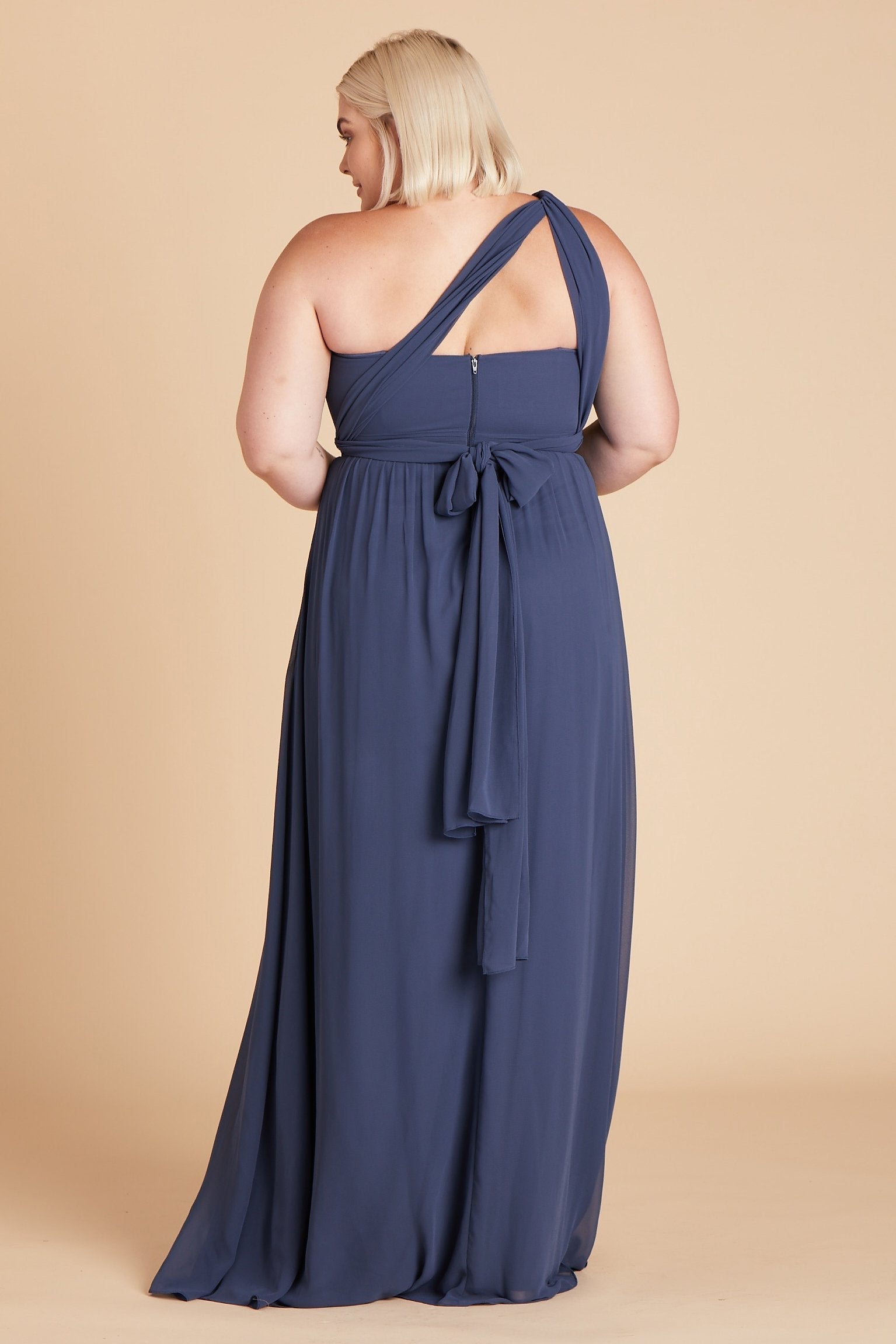 Grace convertible plus size bridesmaid dress in slate blue chiffon by Birdy Grey, back view