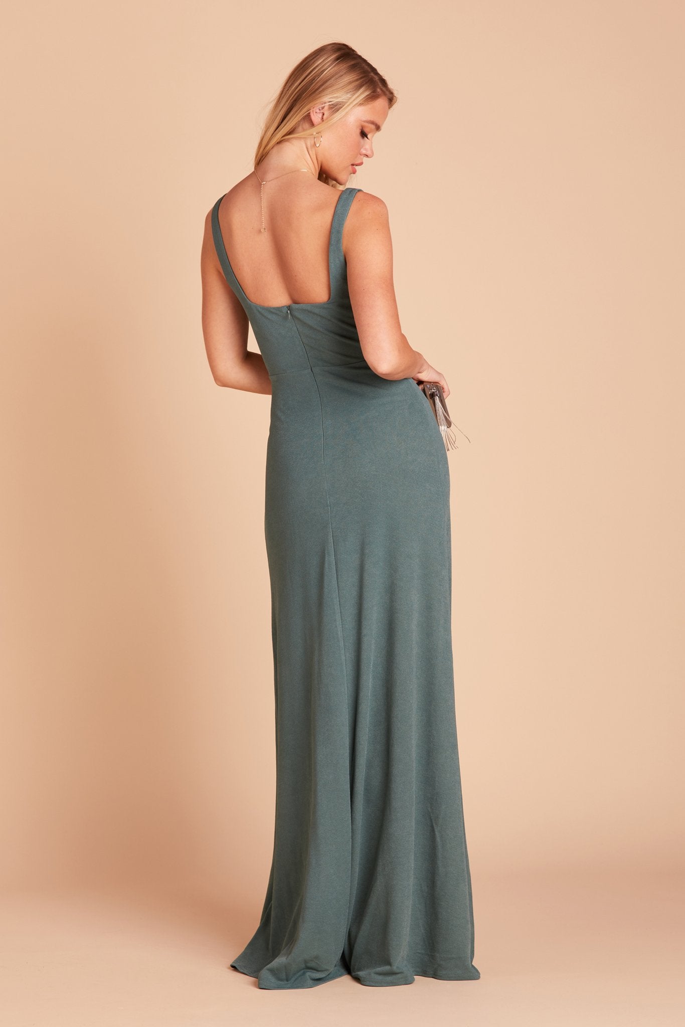 Alex convertible bridesmaid dress with slit in sea glass green crepe by Birdy Grey, back view