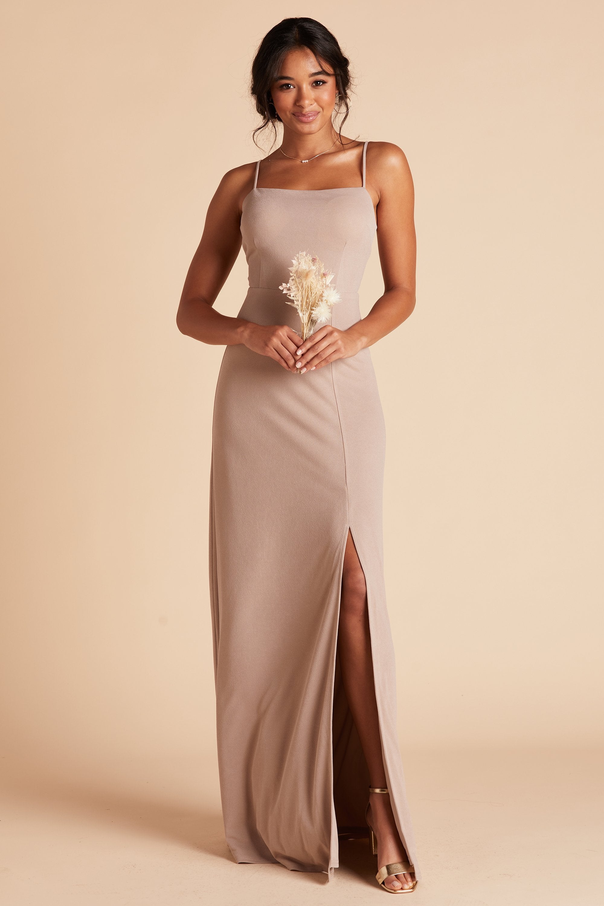 Benny bridesmaid dress with slit in taupe crepe by Birdy Grey, front view
