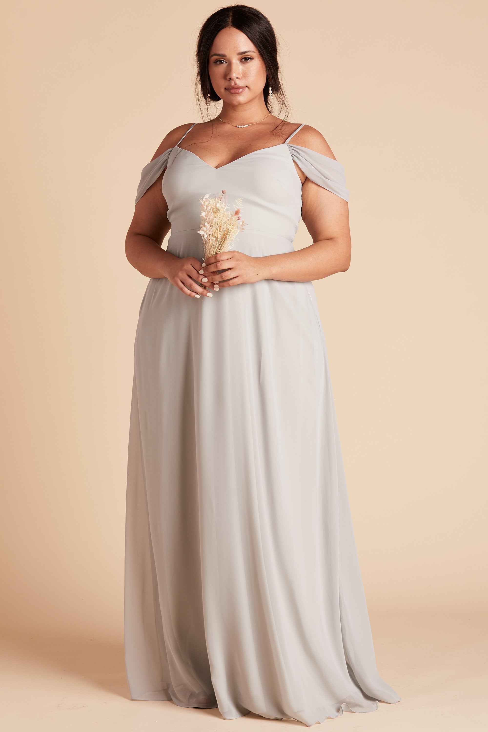 Devin convertible plus size bridesmaid dress with slit in dove gray chiffon by Birdy Grey, front view