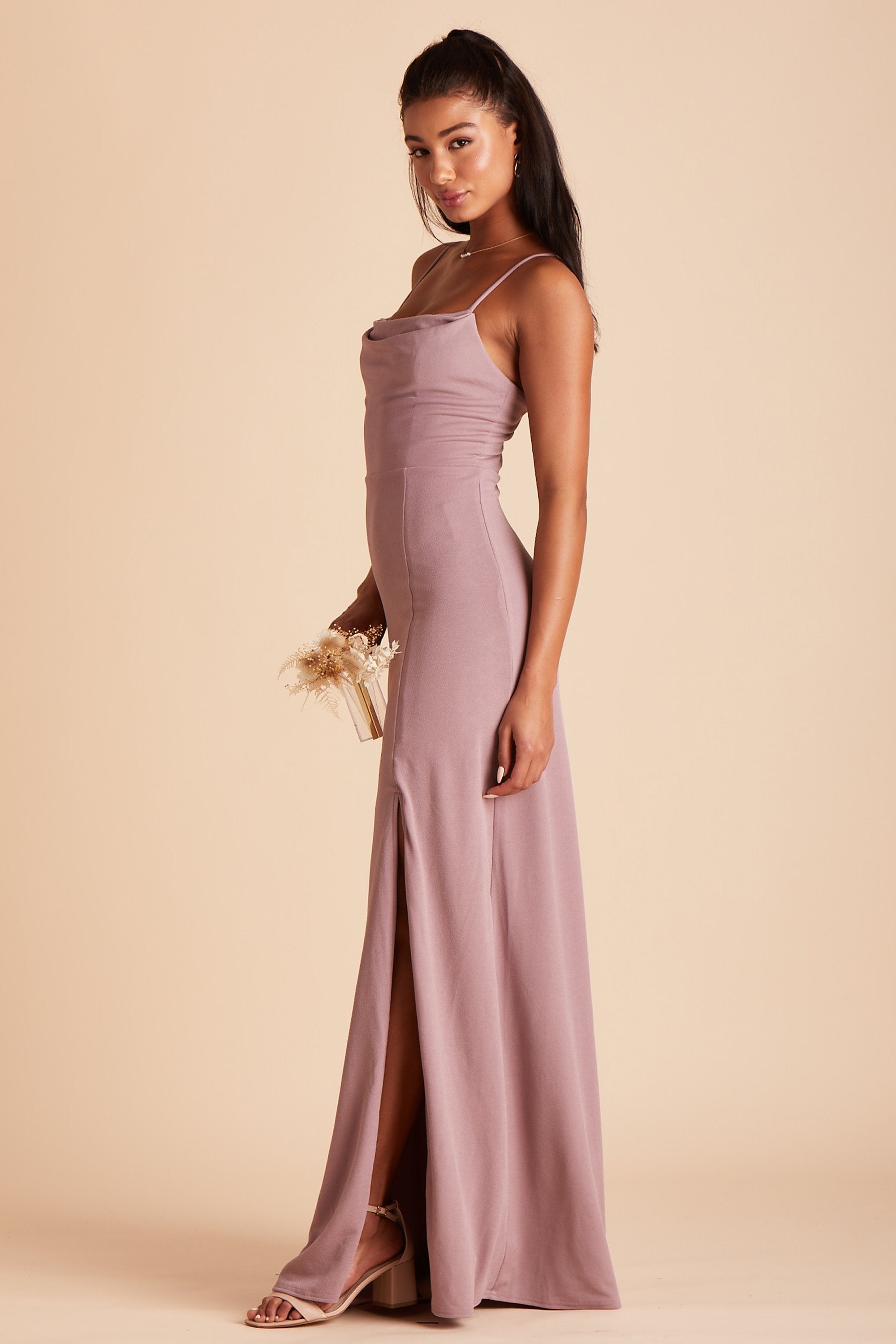 Ash bridesmaid dress with slit in dark mauve crepe by Birdy Grey, side view