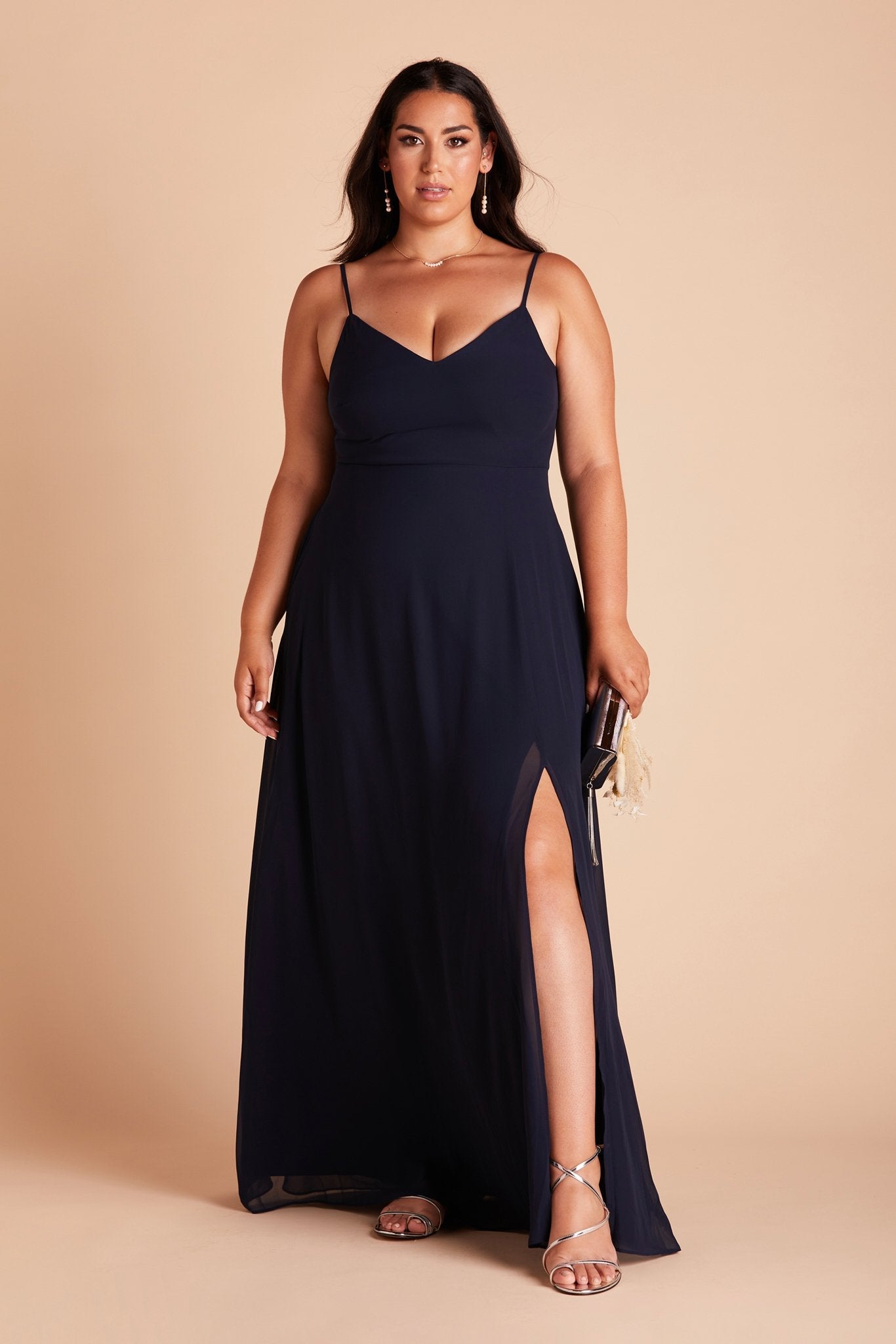 Devin convertible plus size bridesmaids dress with slit in navy blue chiffon by Birdy Grey, front view