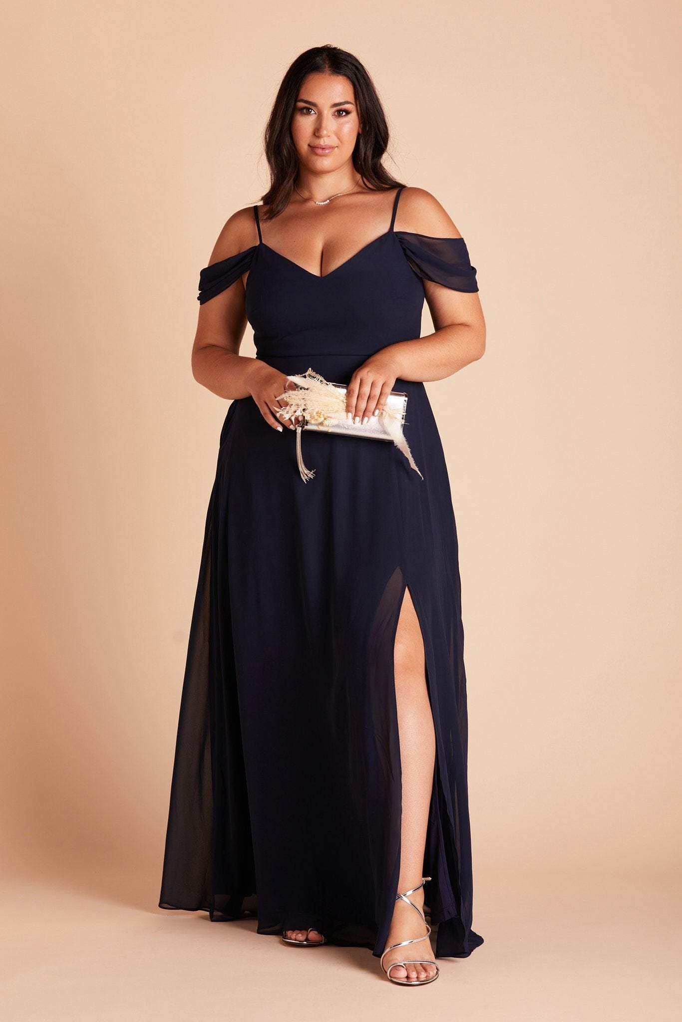 Devin convertible plus size bridesmaids dress with slit in navy blue chiffon by Birdy Grey, front view