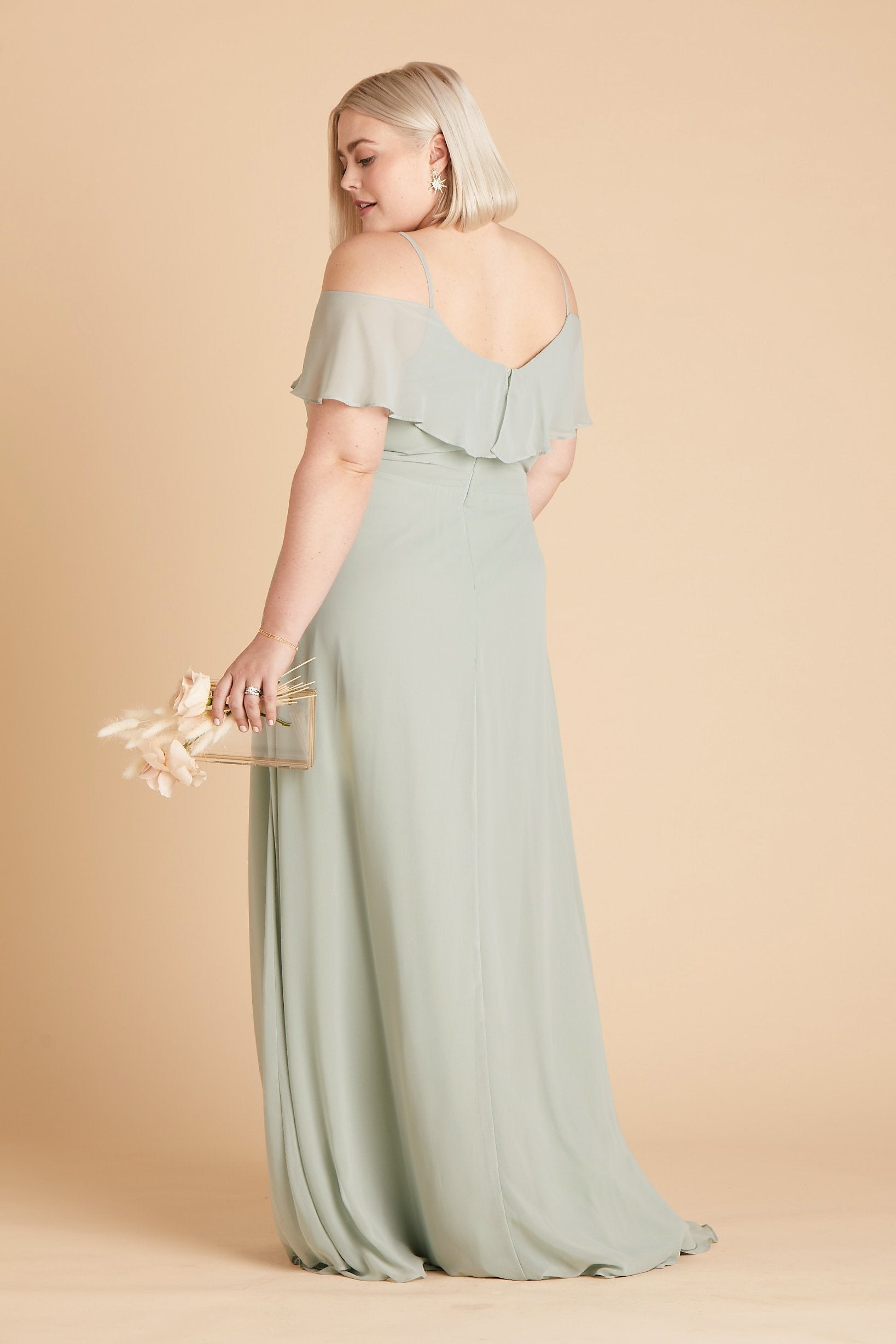 Jane convertible plus size bridesmaid dress in sage green chiffon by Birdy Grey, back view