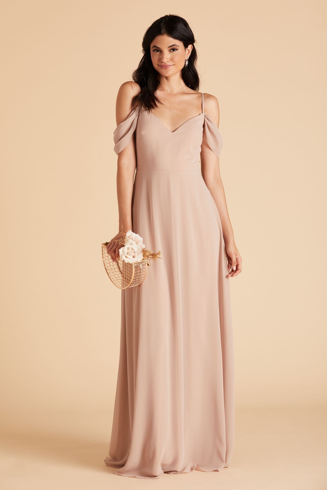 Front view of the Devin Convertible Dress in taupe chiffon worn by a slender model with a light skin tone. 
