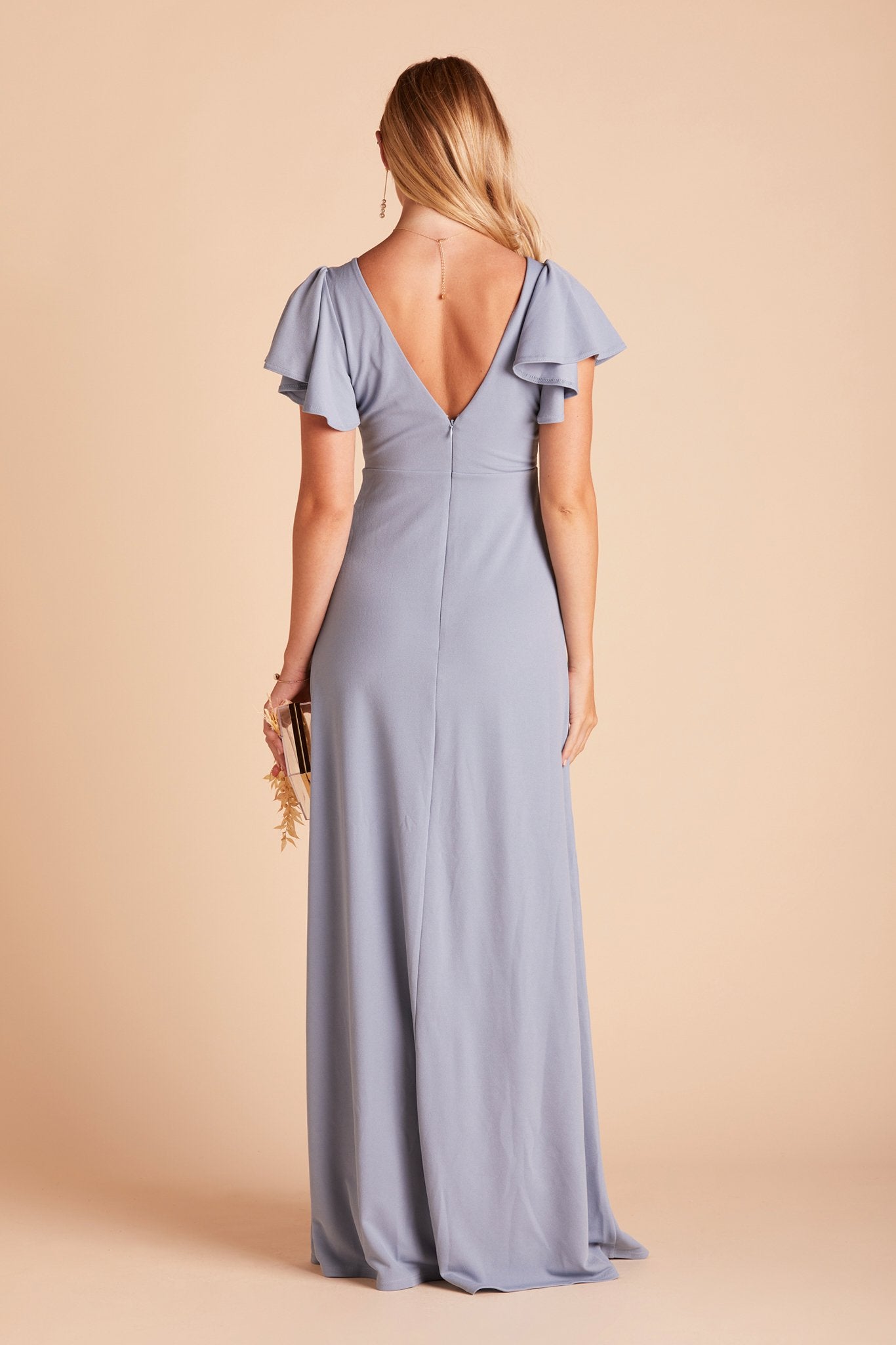 Hannah bridesmaid dress with slit in dusty blue crepe by Birdy Grey, back view