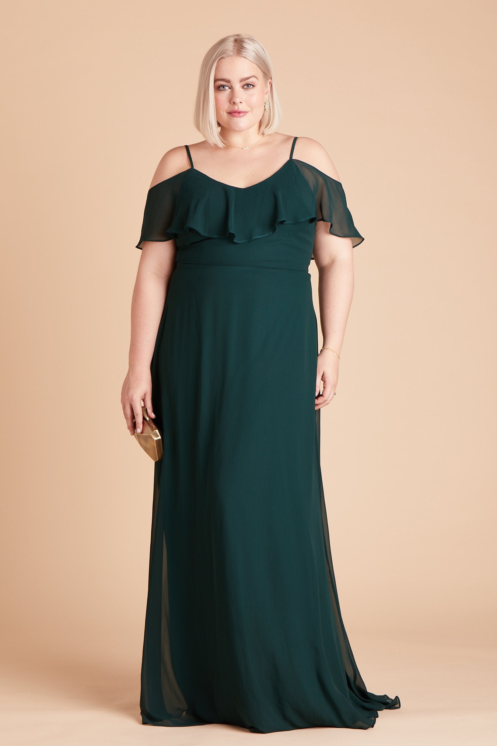 Jane convertible plus size bridesmaid dress in emerald green chiffon by Birdy Grey, front view