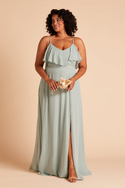 Jane convertible plus size bridesmaid dress with slit in sage green chiffon by Birdy Grey, front view