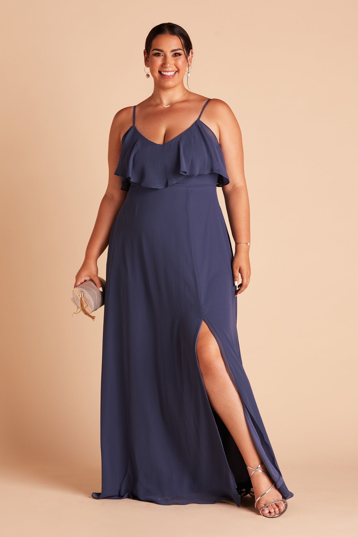 Jane convertible plus size bridesmaid dress with slit in slate blue chiffon by Birdy Grey, front view