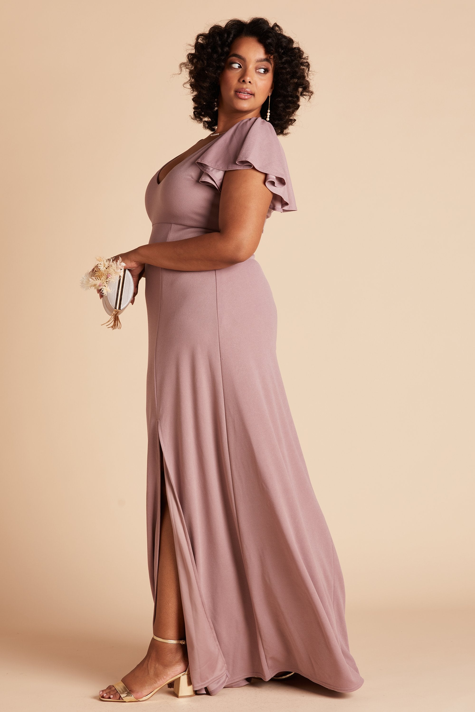 Hannah plus size bridesmaid dress with slit in dark mauve crepe by Birdy Grey, side view