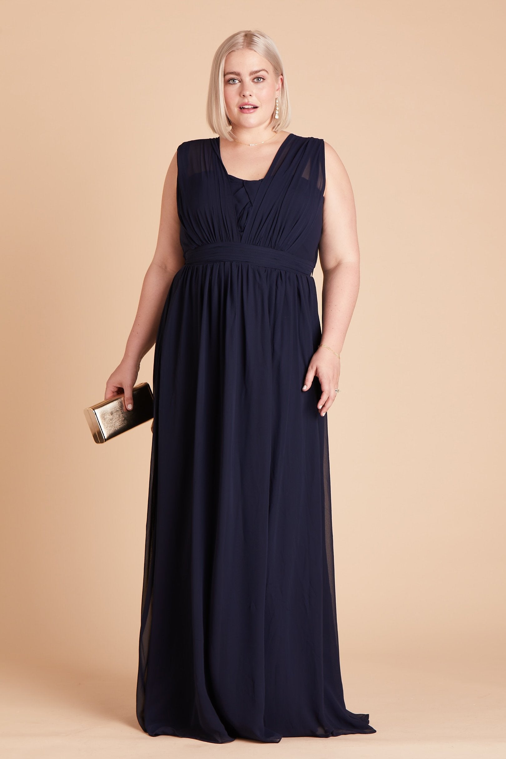 Grace convertible plus size bridesmaid dress in navy blue chiffon by Birdy Grey, front view