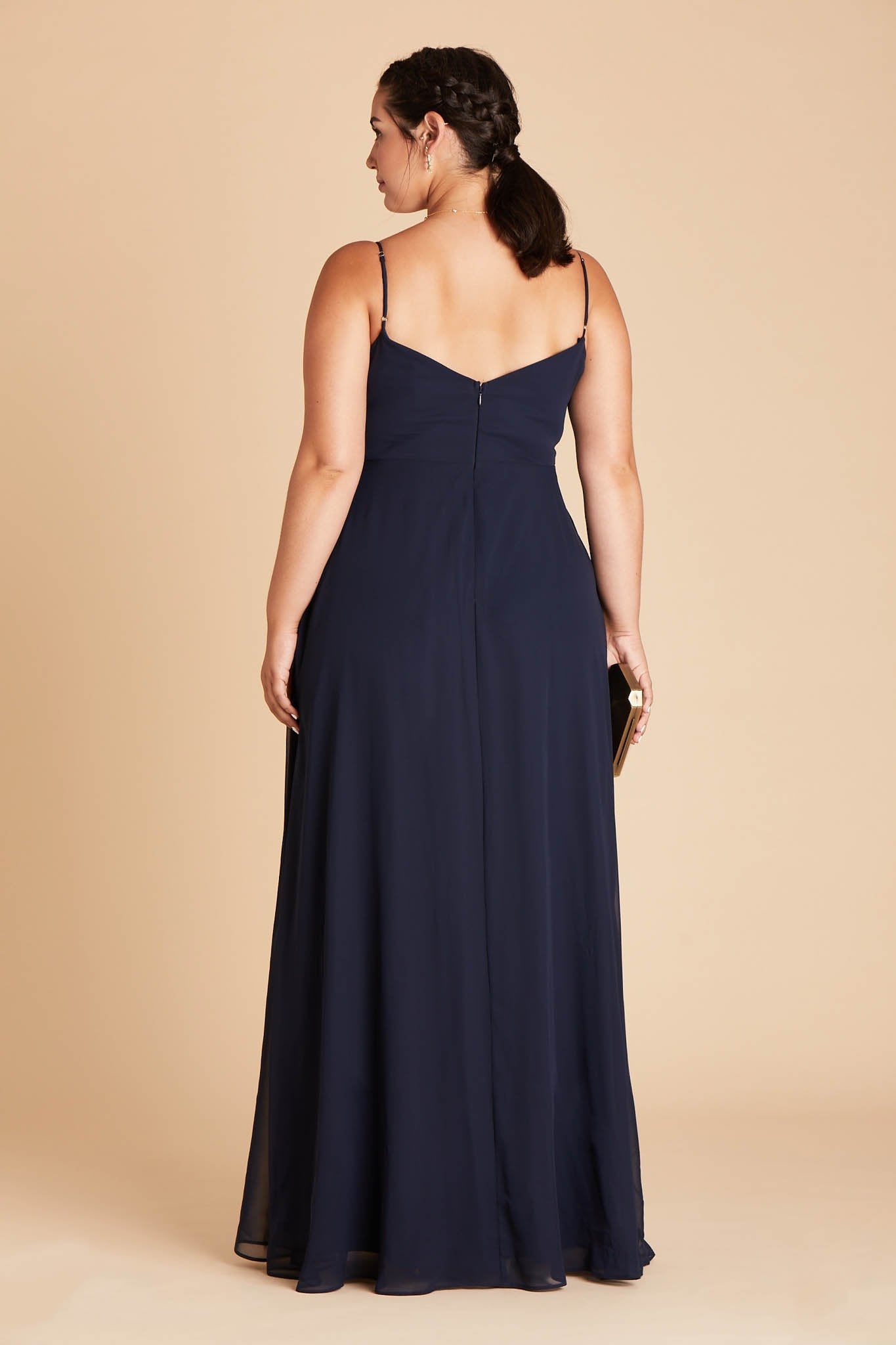 Devin convertible plus size bridesmaids dress in navy blue chiffon by Birdy Grey, back view