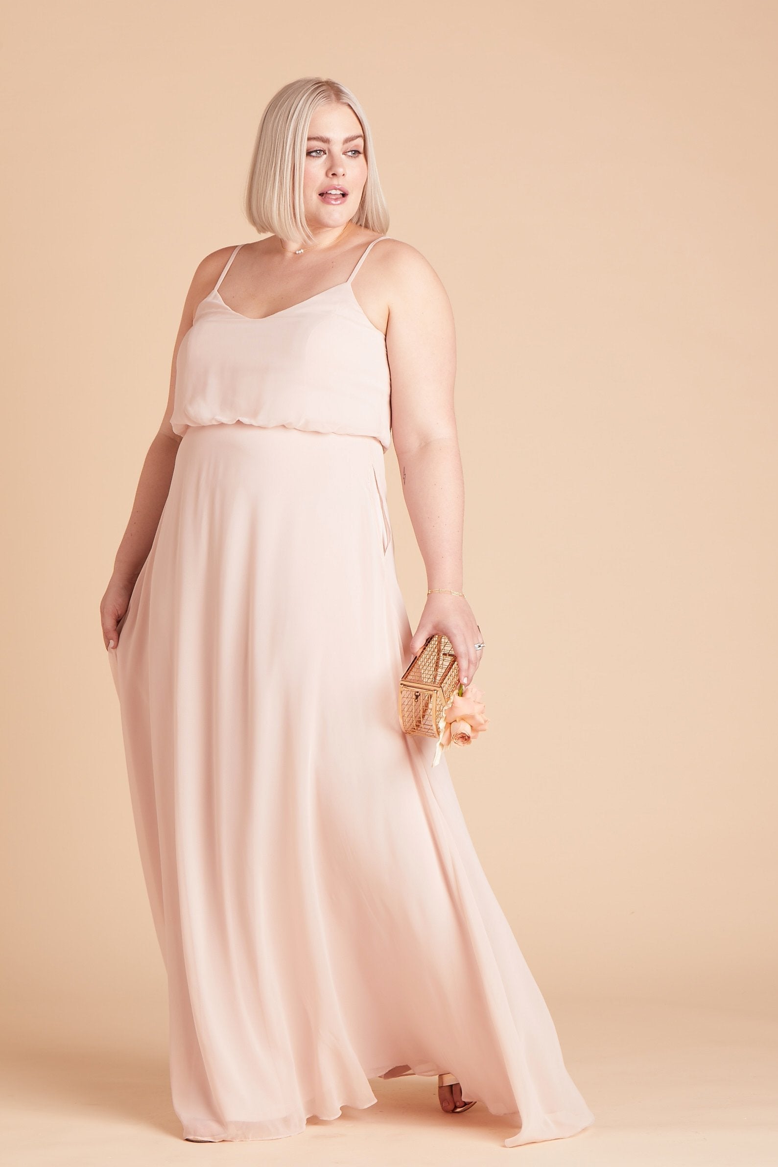 Gwennie plus size bridesmaid dress in pale blush chiffon by Birdy Grey, front view