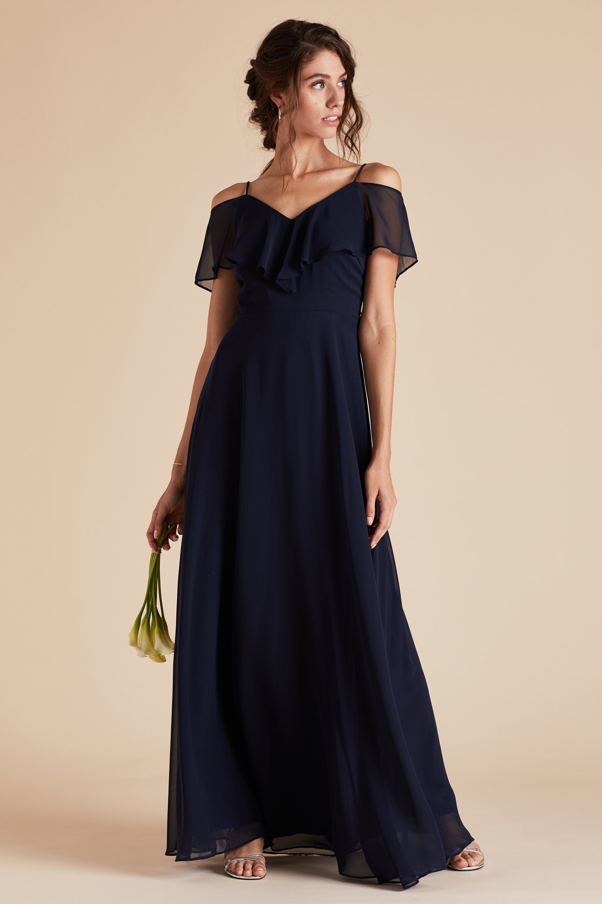 Jane convertible bridesmaid dress in navy blue chiffon by Birdy Grey, front viewJane convertible bridesmaid dress with slit in navy blue chiffon by Birdy Grey, front view