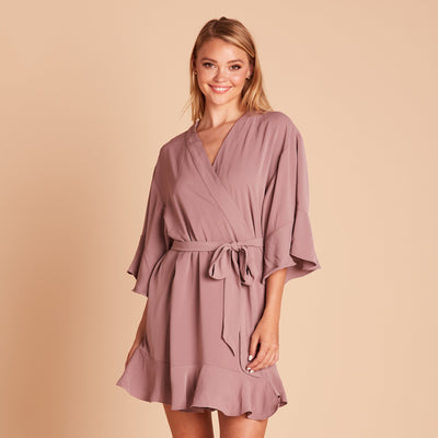 Kenny Ruffle Robe in dark mauve by Birdy Grey, front view
