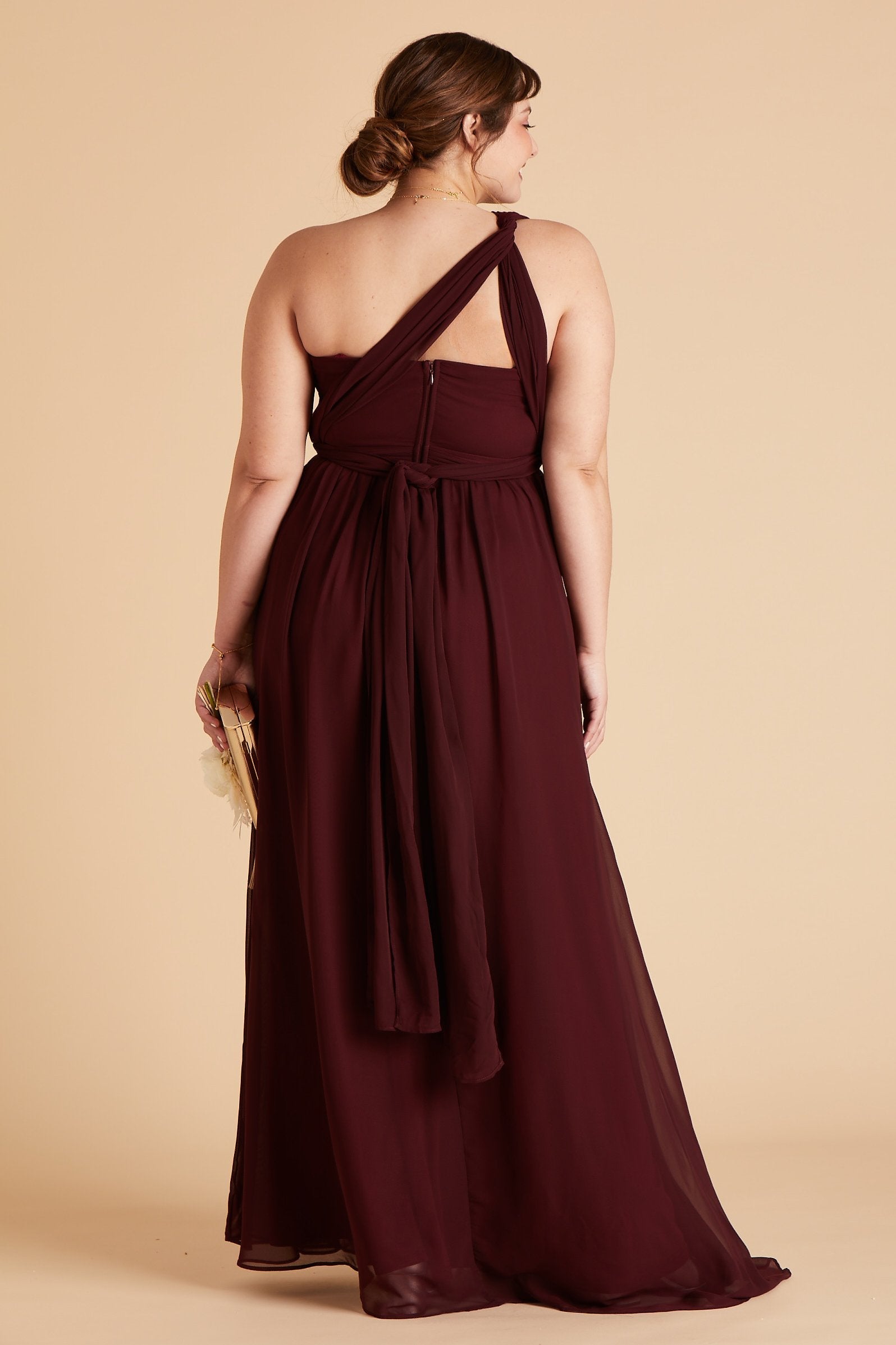 Grace convertible plus size bridesmaid dress in cabernet burgundy chiffon by Birdy Grey, back view