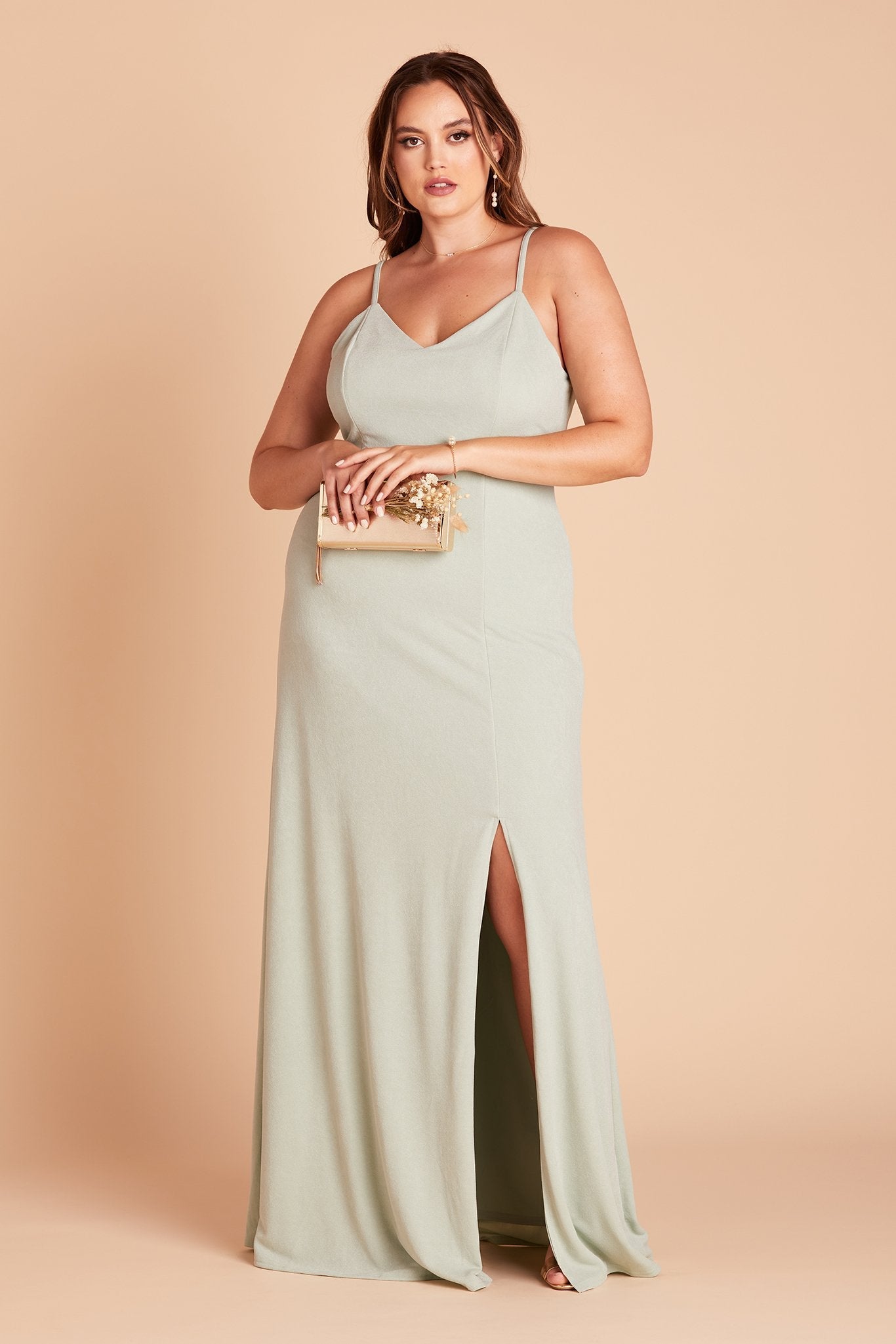 Jay plus size bridesmaid dress with slit in sage green crepe by Birdy Grey, front view