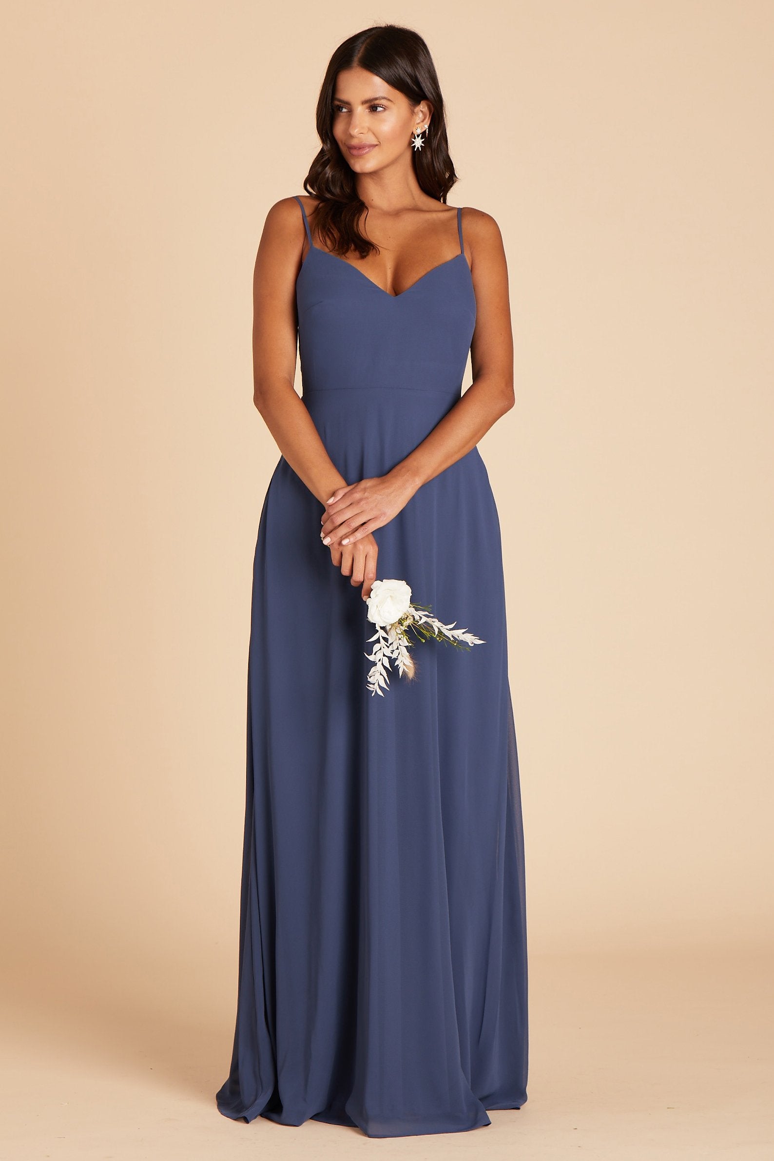 Devin convertible bridesmaids dress in slate blue chiffon by Birdy Grey, front view