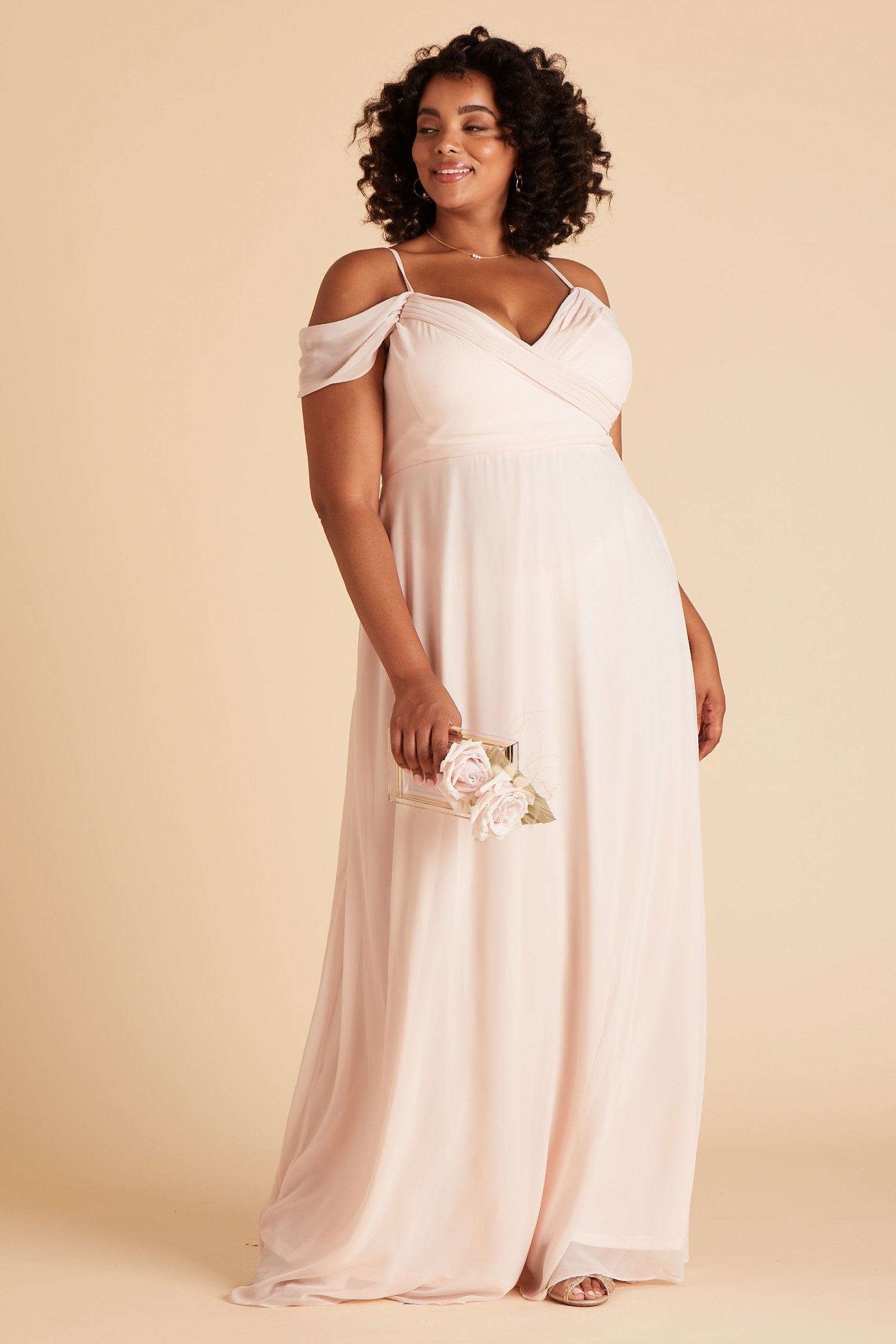 Spence convertible plus size bridesmaid dress in pale blush chiffon by Birdy Grey, front view