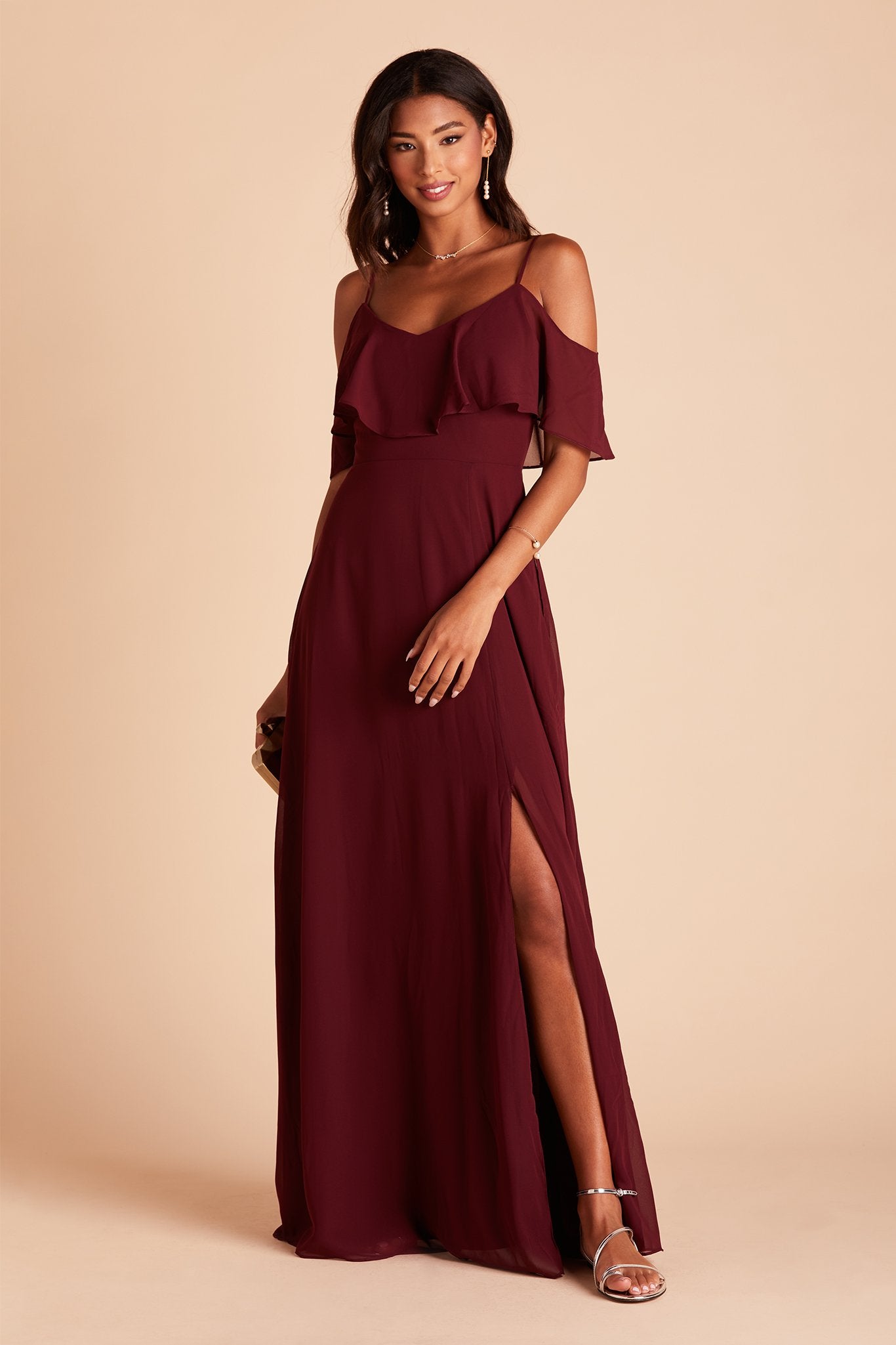 Jane convertible bridesmaid dress with slit in cabernet burgundy chiffon by Birdy Grey, front view