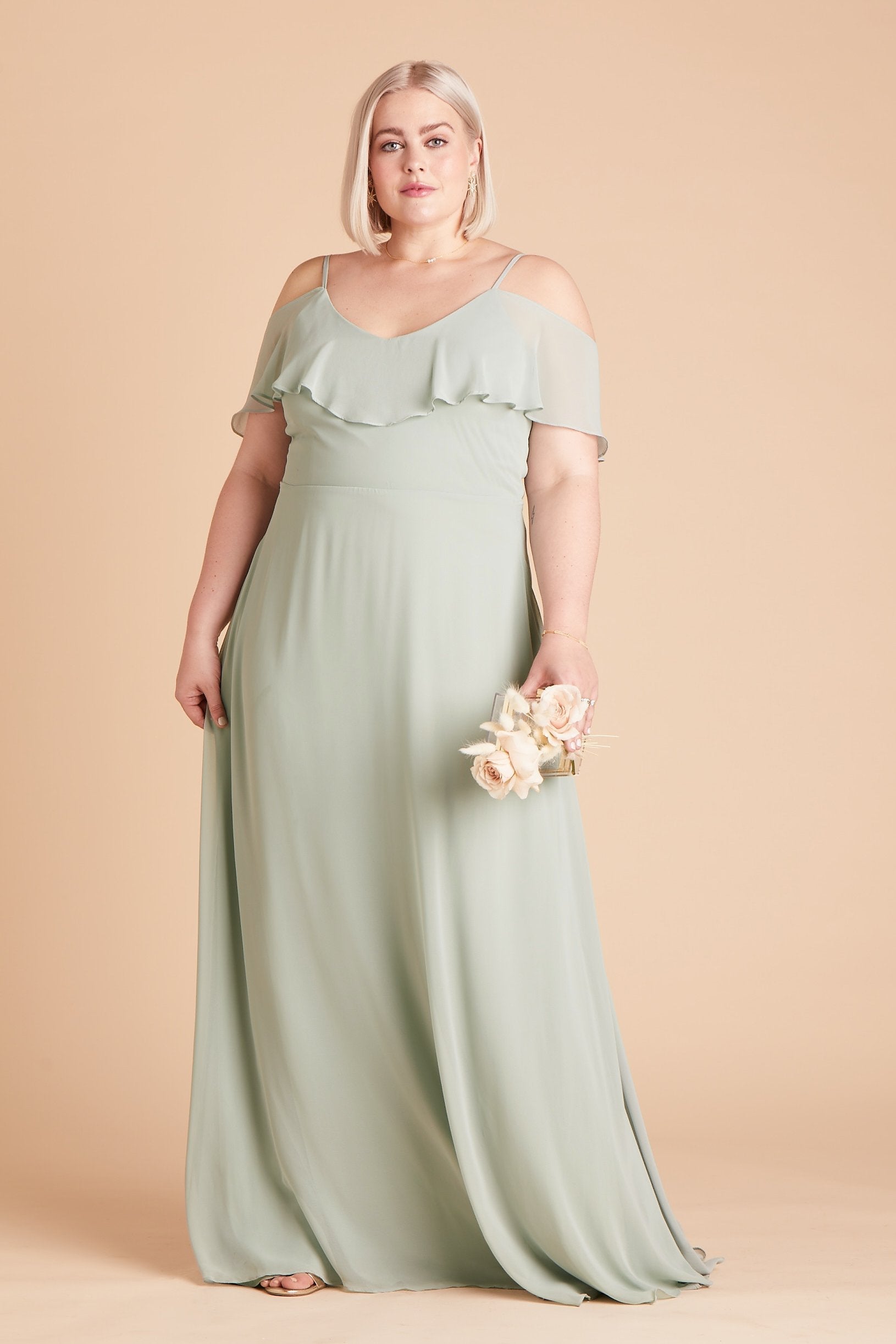 Jane convertible plus size bridesmaid dress in sage green chiffon by Birdy Grey, front view