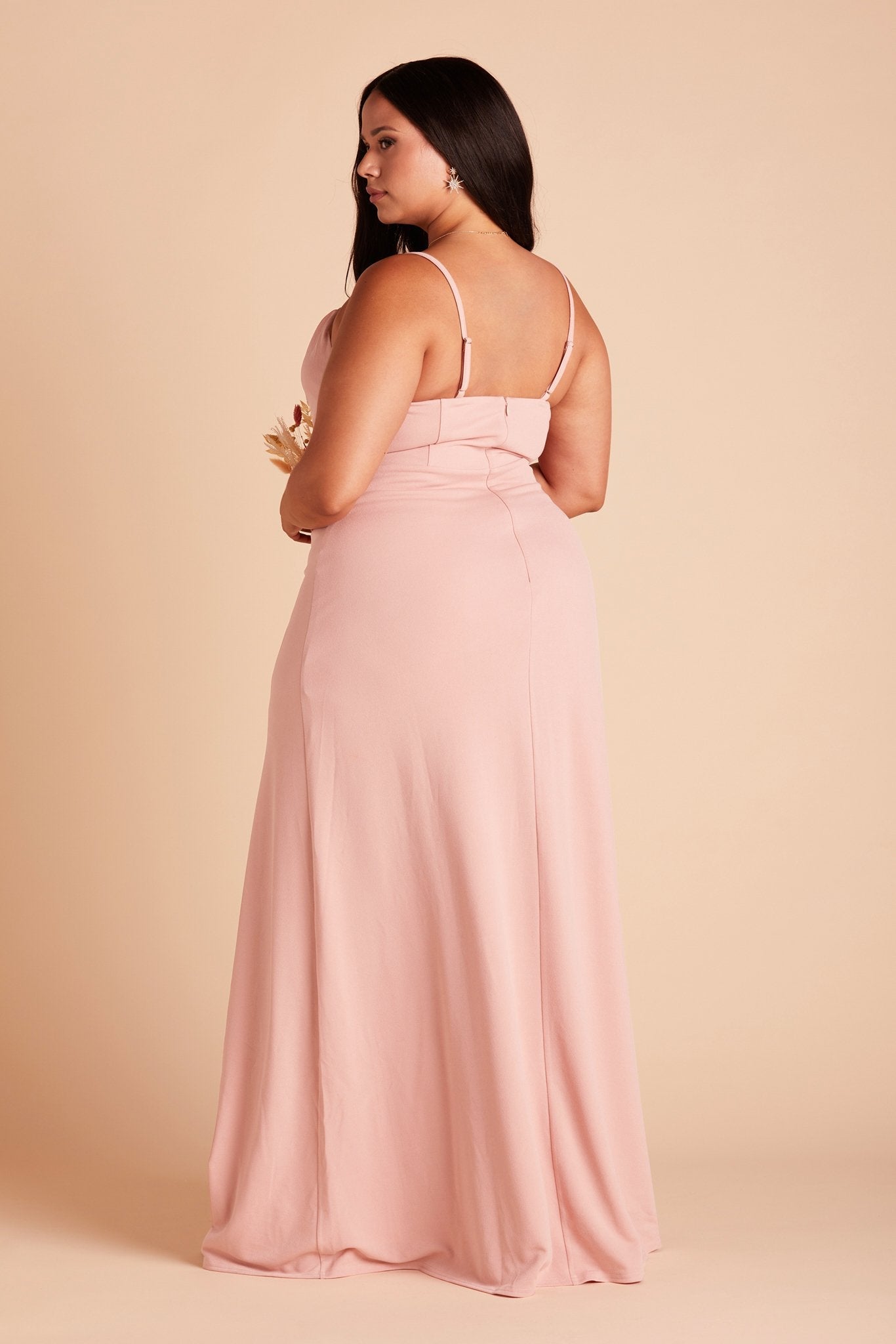 Back view of the Ash Plus Size Bridesmaid Dress in dusty rose crepe shows skinny adjustable straps as well as an open back just below shoulder blades.