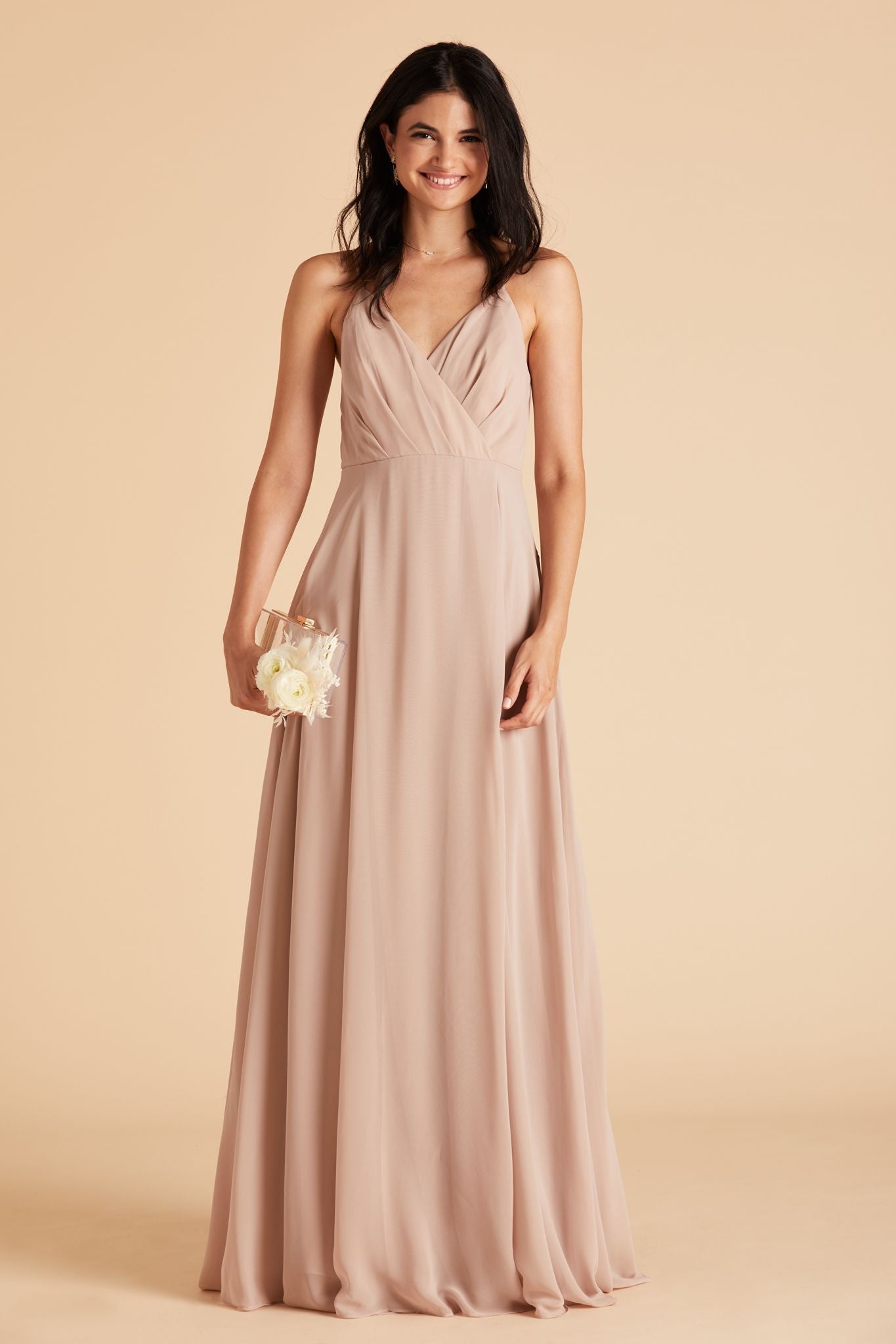 Front view of the Kaia Dress in taupe chiffon worn by a slender model with a light skin tone. 