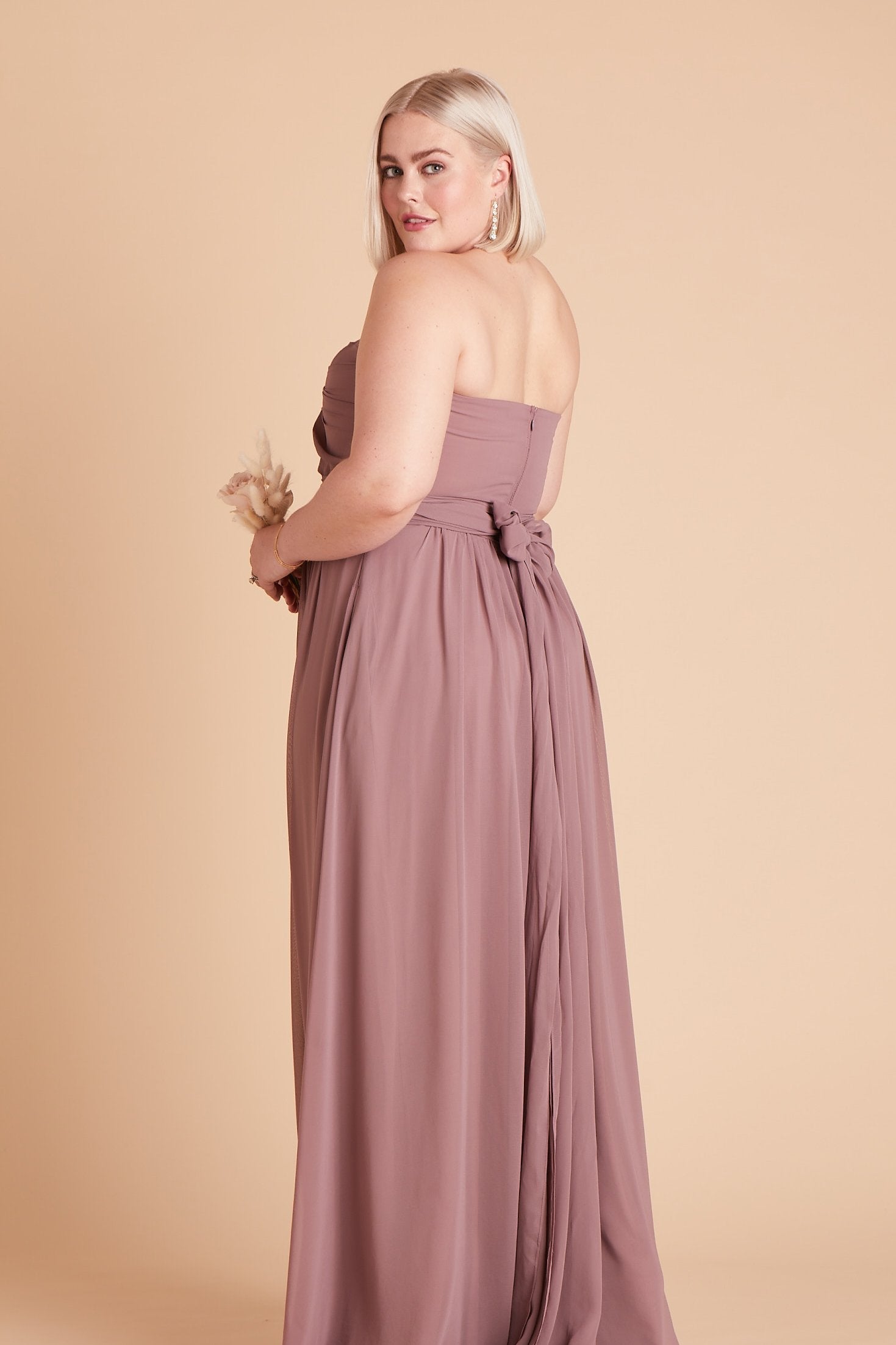 Grace convertible plus size bridesmaid dress in dark mauve chiffon by Birdy Grey, side view