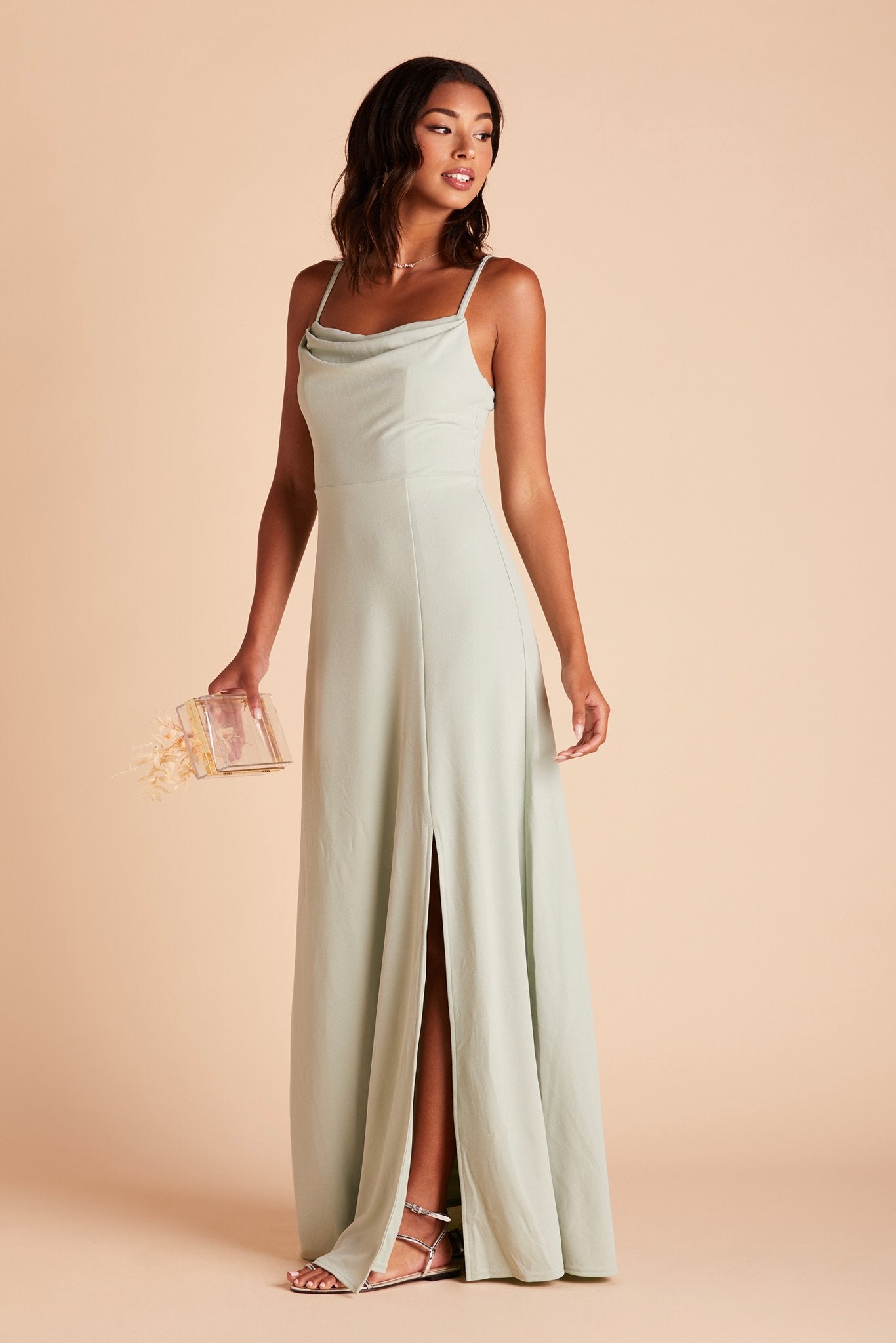 Ash bridesmaid dress with slit in sage green crepe by Birdy Grey, front view