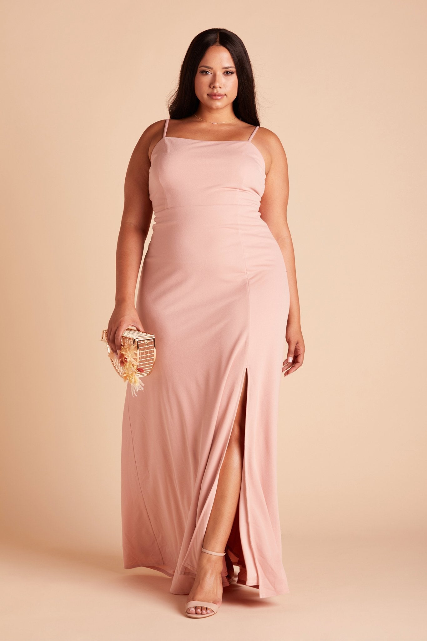Benny plus size bridesmaid dress with slit in dusty rose crepe by Birdy Grey, front view
