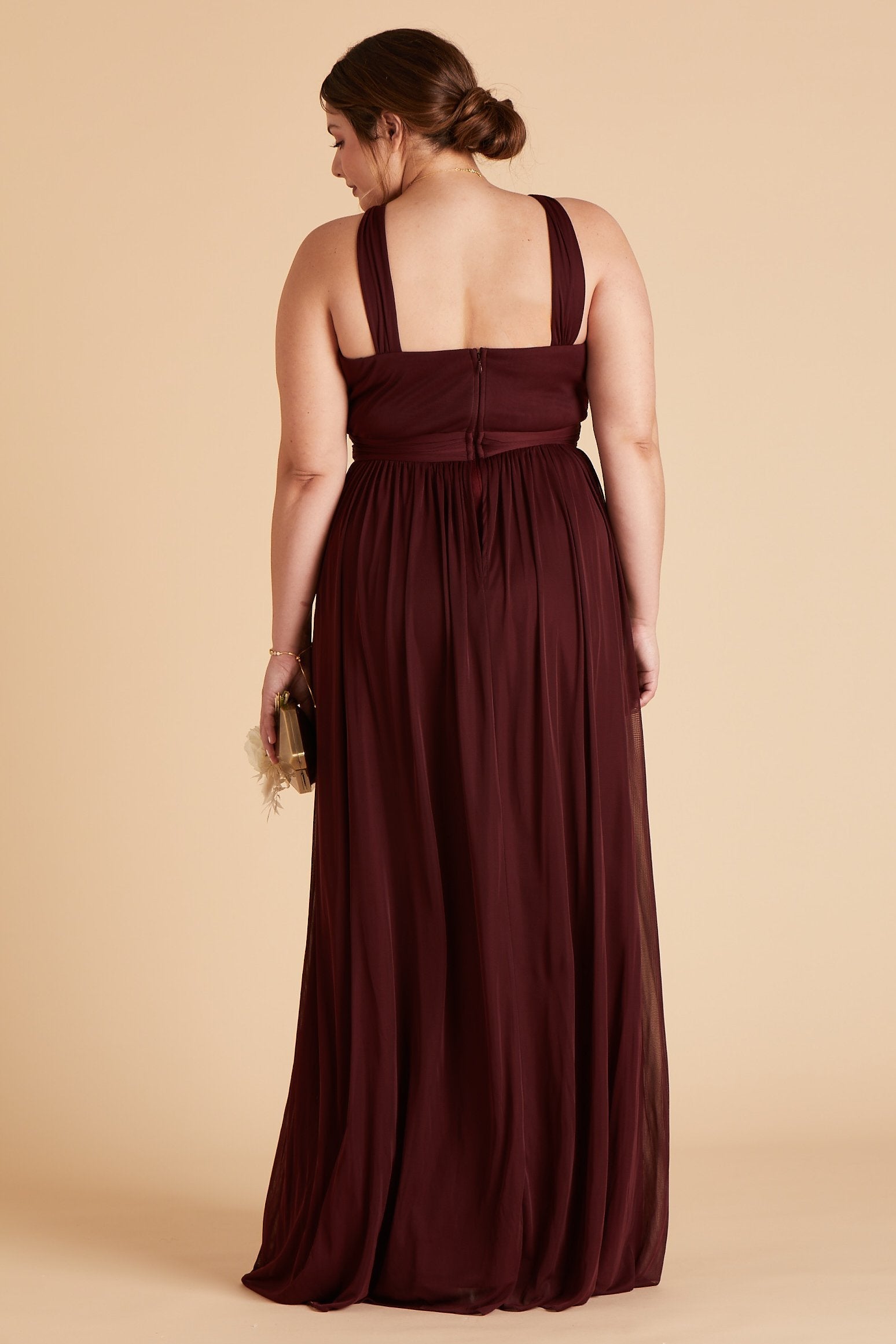 Kiko plus size bridesmaid dress in cabernet burgundy chiffon by Birdy Grey, back view