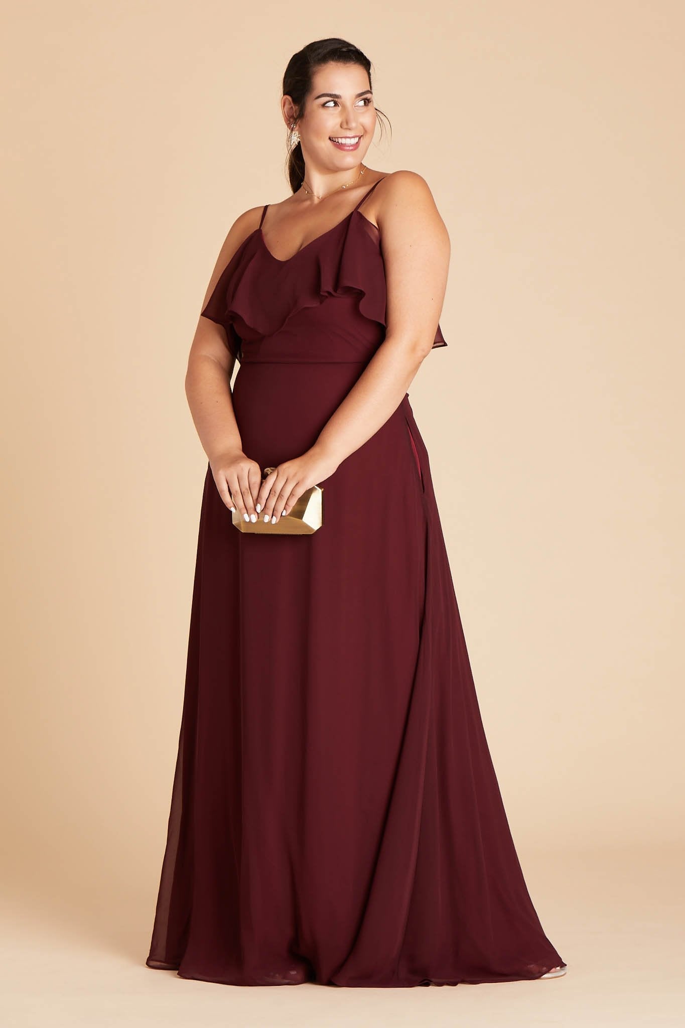 Jane convertible plus size bridesmaid dress in Cabernet Burgundy chiffon by Birdy Grey, front view