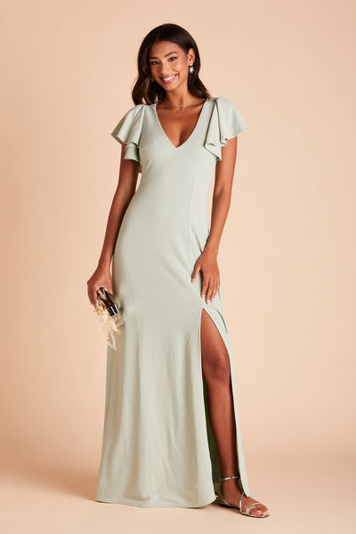 Hannah bridesmaid dress with slit in sage green crepe by Birdy Grey, front view
