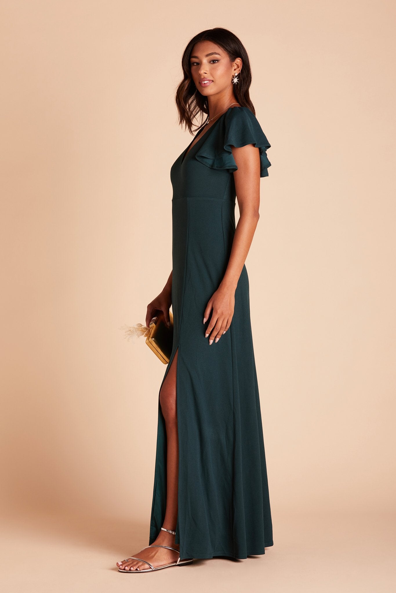 Hannah bridesmaid dress with slit in emerald green crepe by Birdy Grey, side view