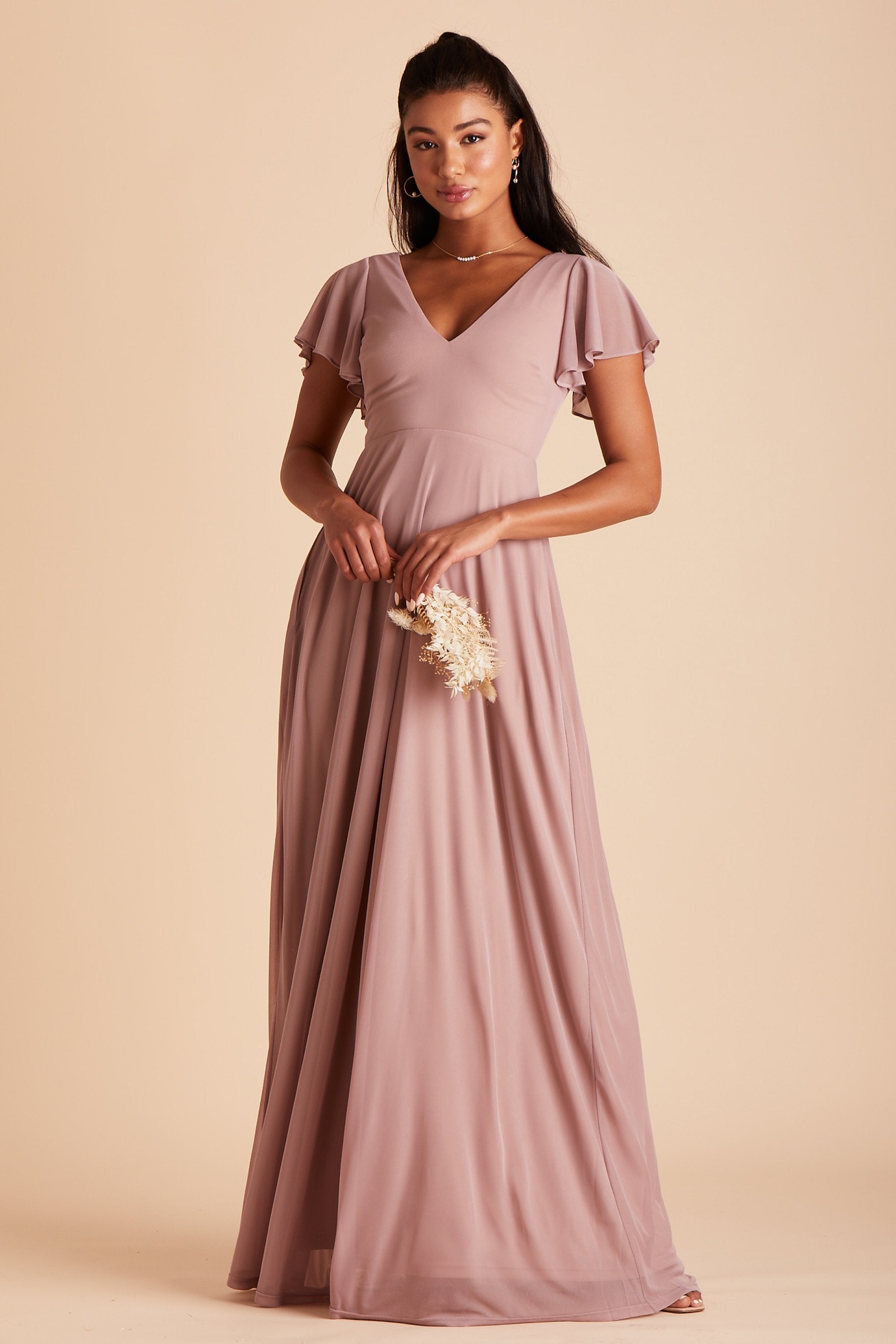 Hannah bridesmaids dress in mauve chiffon by Birdy Grey, front view