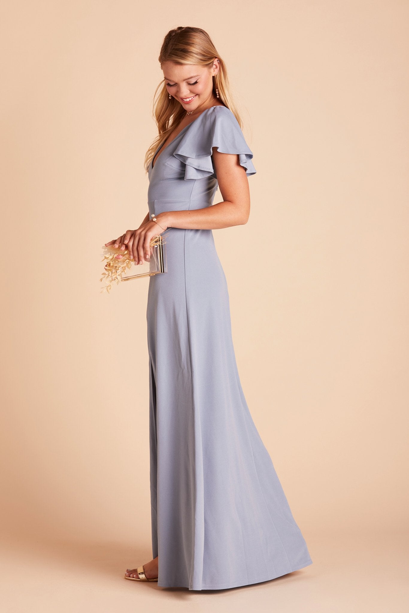 Hannah bridesmaid dress with slit in dusty blue crepe by Birdy Grey, side view