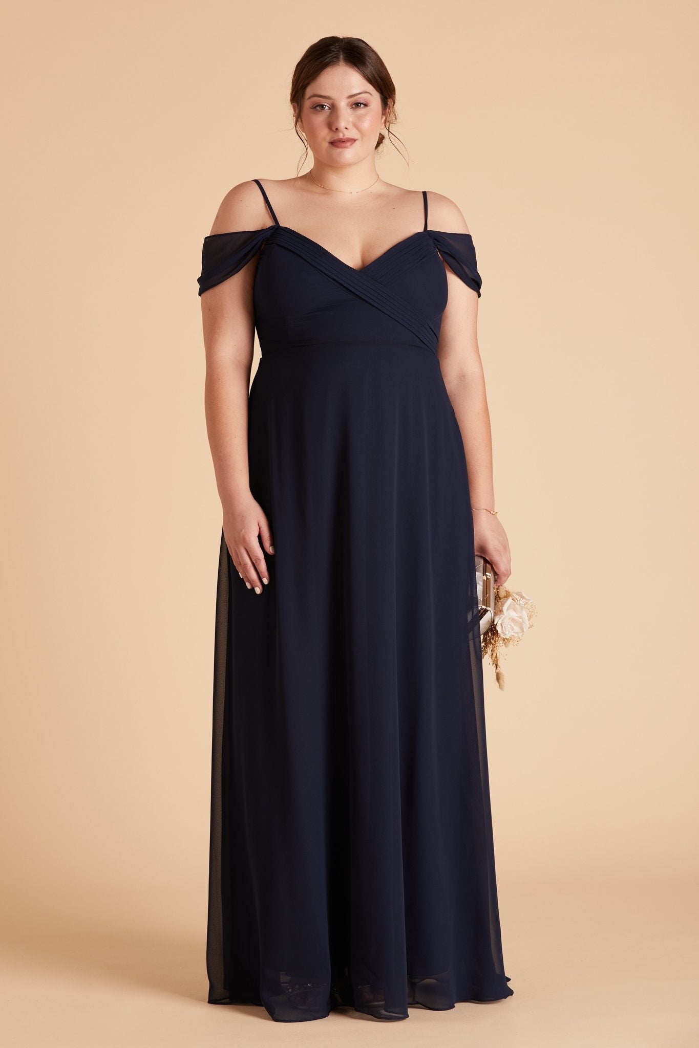 Spence convertible plus size bridesmaid dress in navy blue chiffon by Birdy Grey, front view