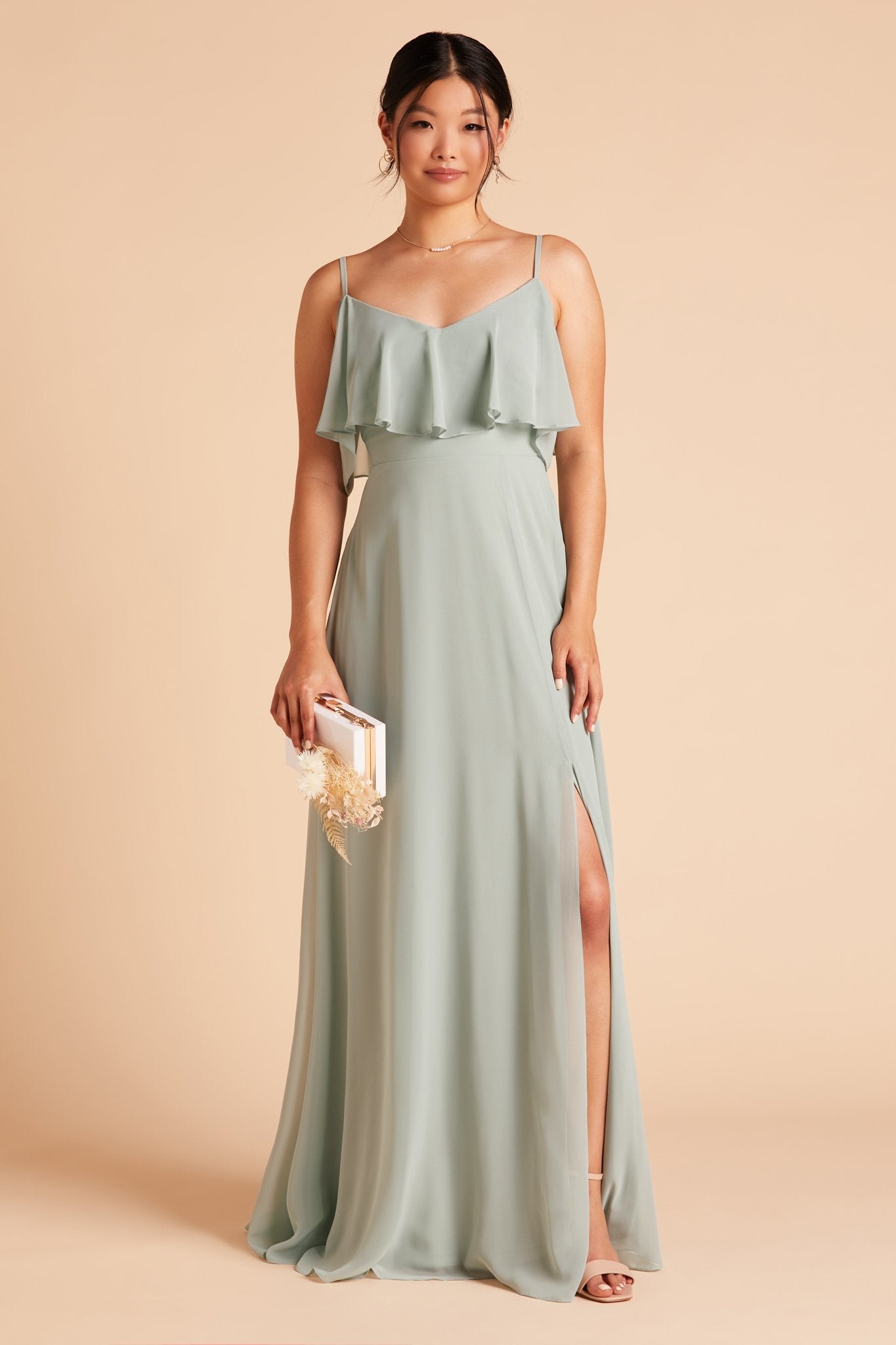 Jane convertible bridesmaid dress with slit in sage green chiffon by Birdy Grey, front view